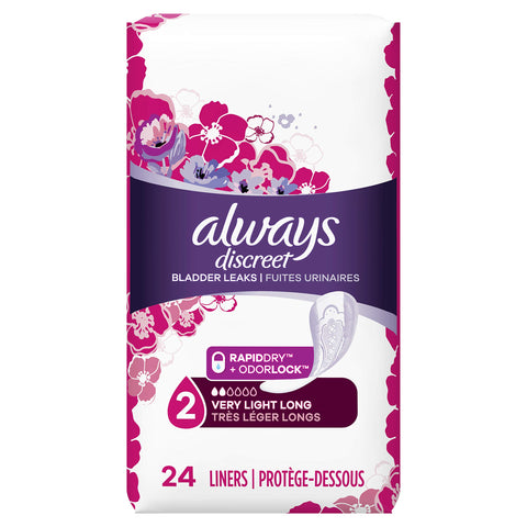 Always Discreet Incontinence Liners, Very Light, Long Length, 24 Count