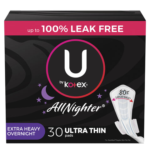 U by Kotex AllNighter Extra Heavy Overnight Feminine Pads with Wings, Ultra Thin, 30 Count (3 Packs of 10) (Packaging May Vary)