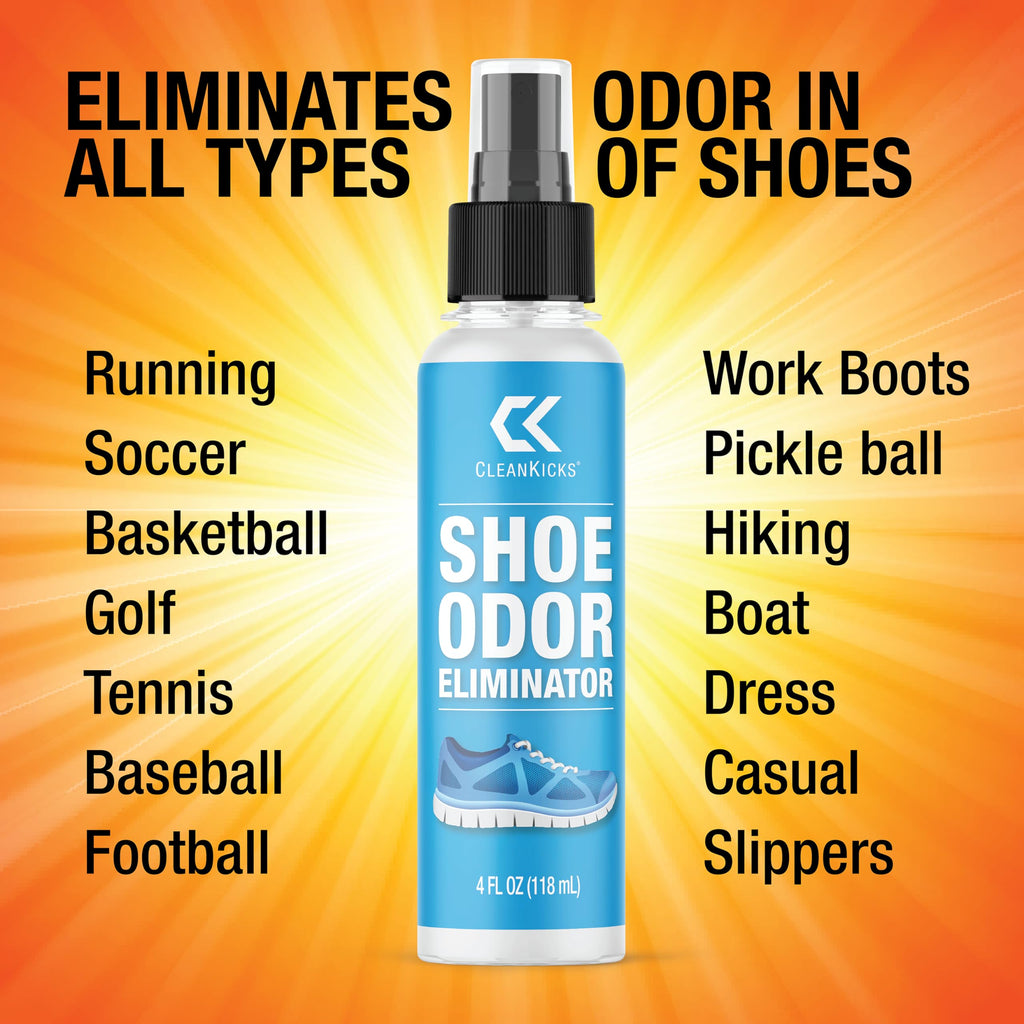 CleanKicks Odor Eliminator Spray, Deodorizes & Removes Bad Smells, Boots, Cleats, Sneakers, Easy to Store, 4oz Bottle