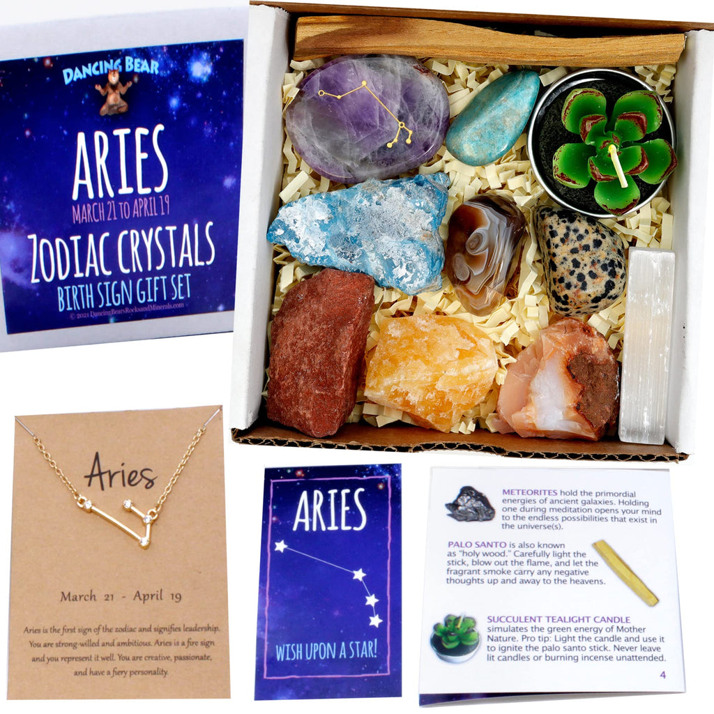 DANCING BEAR Aries Zodiac Healing Crystals Gift Set, (14 Pc): 9 Stones, 18K Gold-Plated Constellation Necklace, Meteorite, Succu