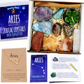 DANCING BEAR Aries Zodiac Healing Crystals Gift Set, (14 Pc): 9 Stones, 18K Gold-Plated Constellation Necklace, Meteorite, Succu