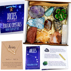 DANCING BEAR Aries Zodiac Healing Crystals Gift Set, (14 Pc): 9 Stones, 18K Gold-Plated Constellation Necklace, Meteorite, Succu