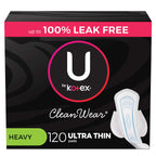 U by Kotex CleanWear Ultra Thin Feminine Pads with Wings, Heavy Absorbency, 120 Count (3 Packs of 40) (Packaging May Vary)
