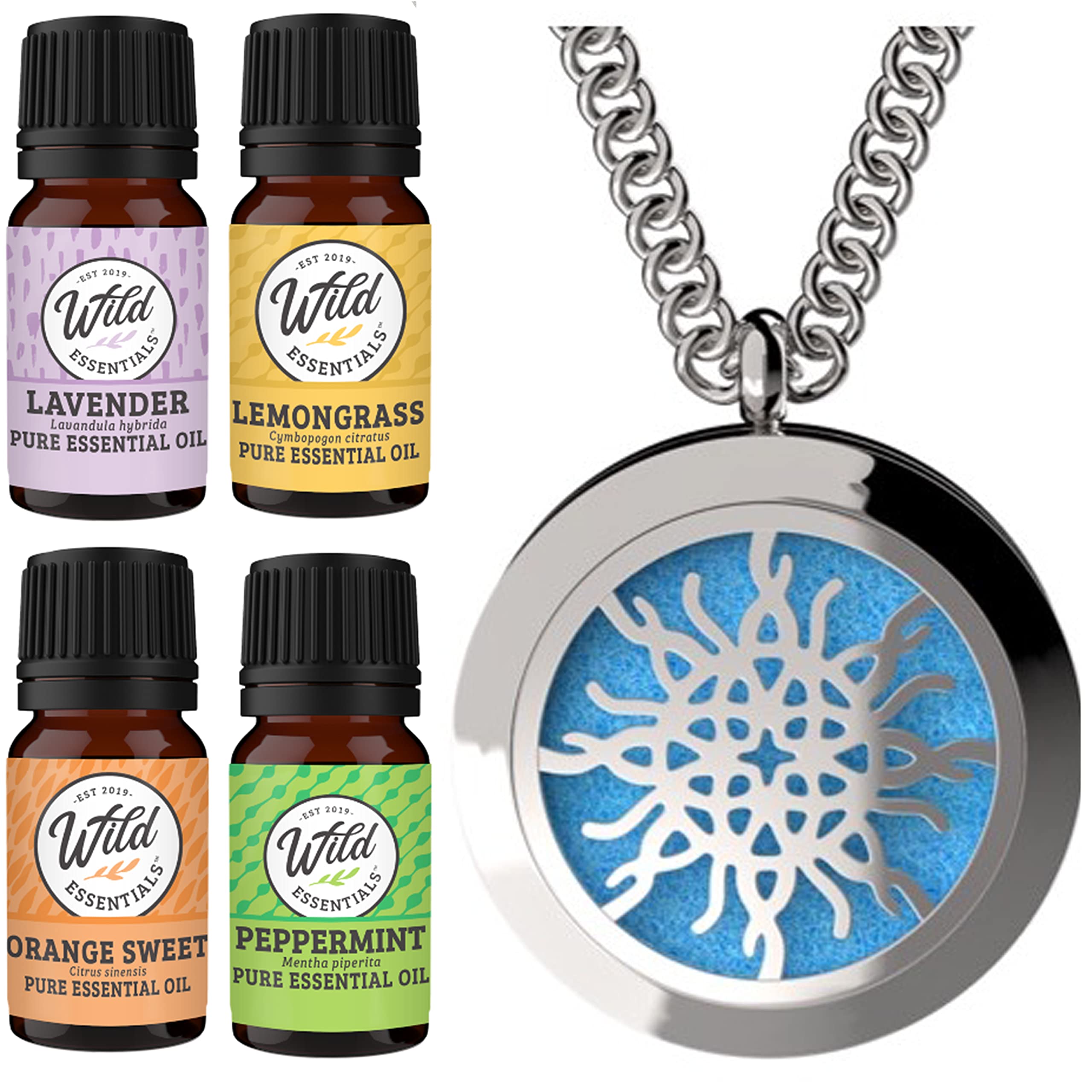 Wild Essentials Love Knot Necklace Essential Oil Diffuser Kit with Lavender, Lemongrass, Peppermint, Orange Oils, 12 Refill Pads