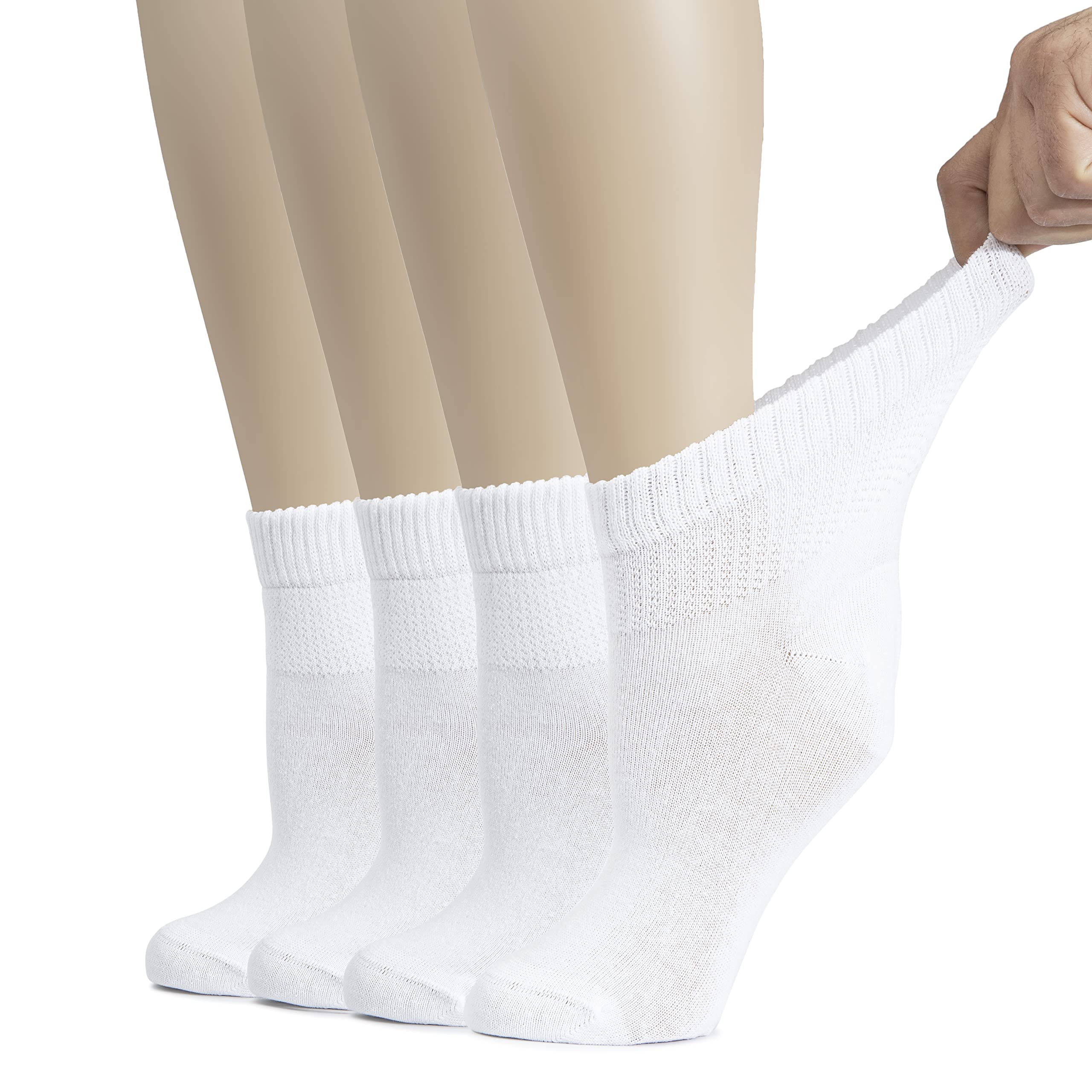Hugh Ugoli Women's Cotton Diabetic Ankle Socks, Wide, Thin, Loose Fit and Stretchy, Seamless Toe & Non Binding Top, 4 Pairs, Whi