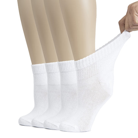 Hugh Ugoli Women's Cotton Diabetic Ankle Socks, Wide, Thin, Loose Fit and Stretchy, Seamless Toe & Non Binding Top, 4 Pairs, Whi