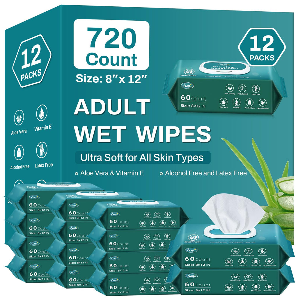 720 Count (12 Packs of 60) Wipes for Adults, 8 x 12 Extra Large for Incontinence & Cleansing, Disposable Body Shower & Bath Wipe