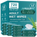 720 Count (12 Packs of 60) Wipes for Adults, 8 x 12 Extra Large for Incontinence & Cleansing, Disposable Body Shower & Bath Wipe