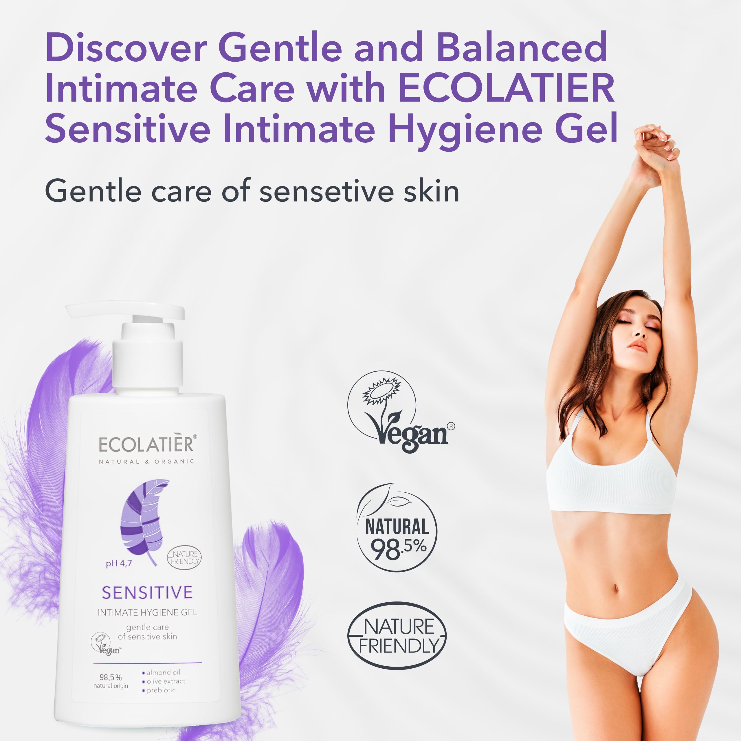 Feminine Wash Sensitive with Almond Oil & Olive Extract - 98.5% Natural, Vegan, pH 5.2 Balanced vaginal wash for woman Dry & Sen