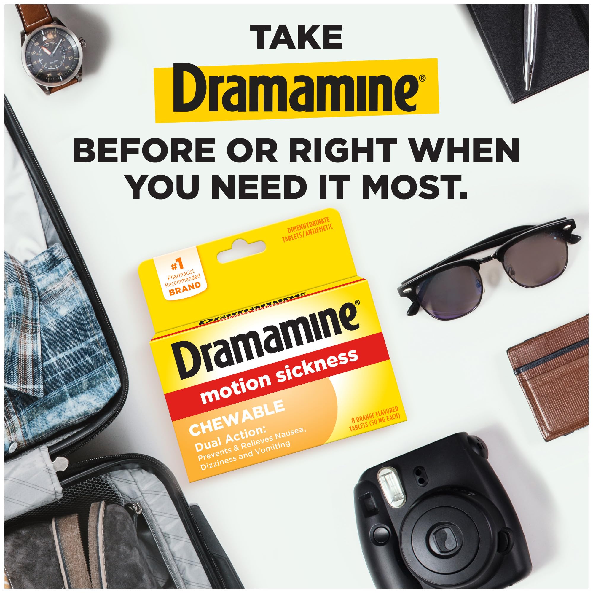 Dramamine Chewable, Motion Sickness Relief, Orange Flavor, 8 Count