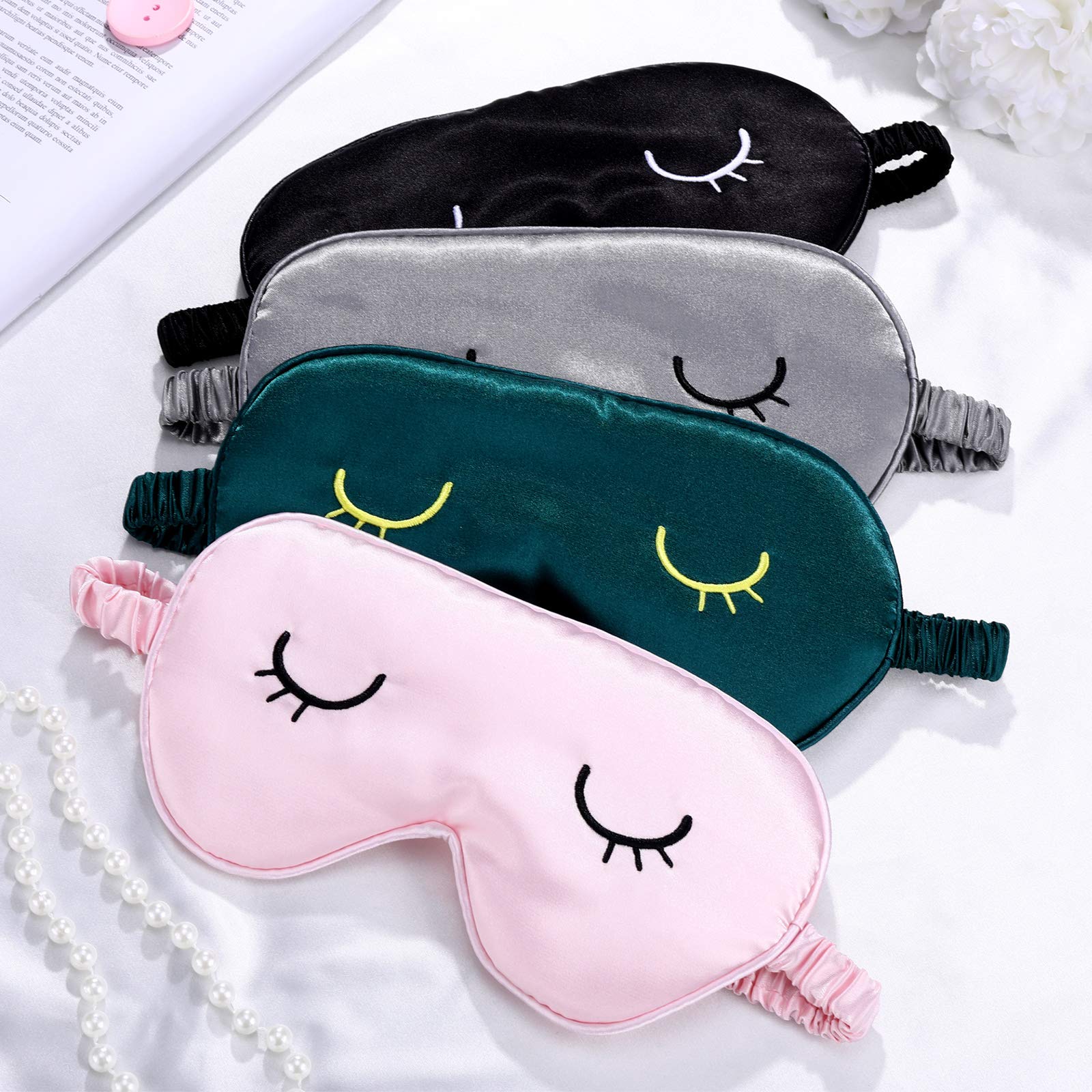 4 Pieces Sleep Eye Masks Silk Sleep Eye Cover Cute Lightweight Adjustable Eyeshade Mask Satin Night Eyeshade Covers for Women Me