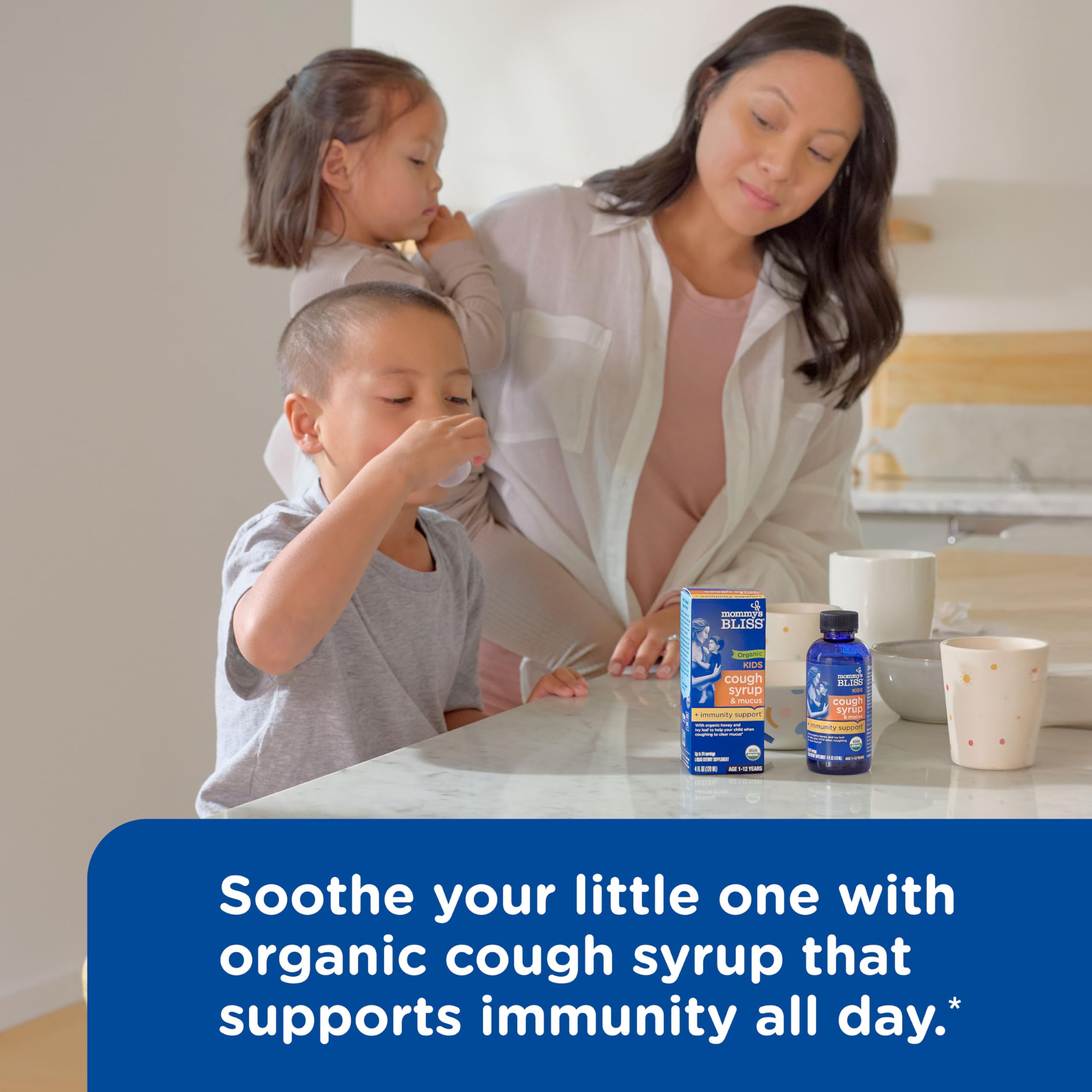 Mommys Bliss Organic Kids Cough Syrup and Mucus Relief + Immunity Support, Agave & Honey, Ivy Leaf, Elderberry, Zinc, Vitamin C