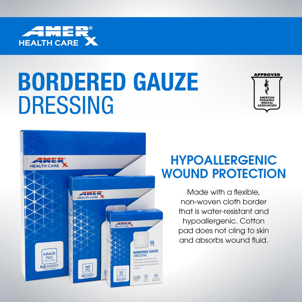 4 x 4 Dressing (2x2 Pad) AMERX Bordered Gauze - Adhesive Bandages - Water Resistant Barrier - Self Adhesive Border - Breathable,
