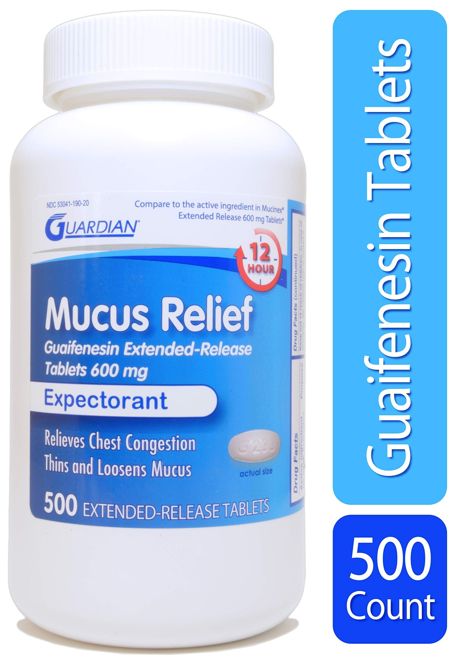 Guardian Mucus Relief, 600mg Guaifenesin 12 Hour Extended Release, Chest Congestion Expectorant (500 Count Bottle)