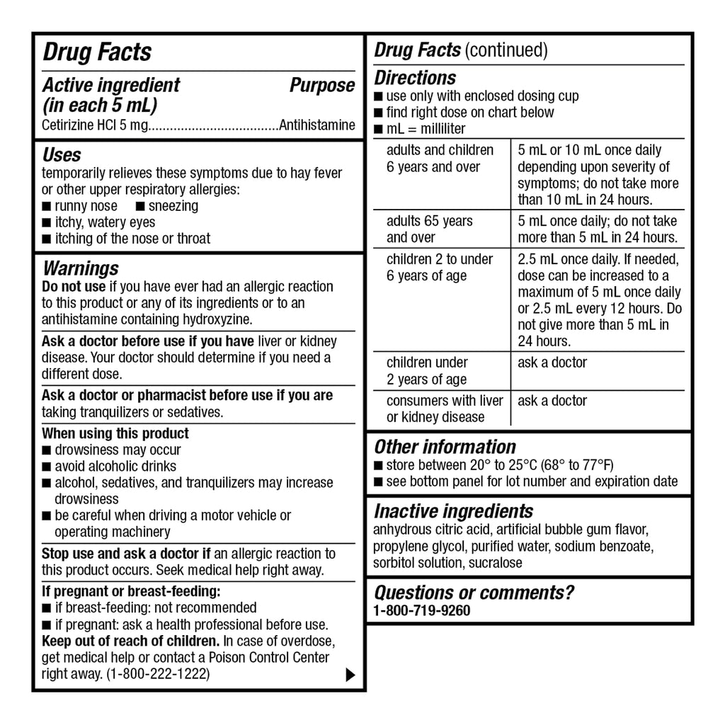 GoodSense Childrens All Day Allergy Relief, Cetirizine Hydrochloride Oral Solution 1 mg/mL, Bubble Gum Flavor, Dye Free, Sugar