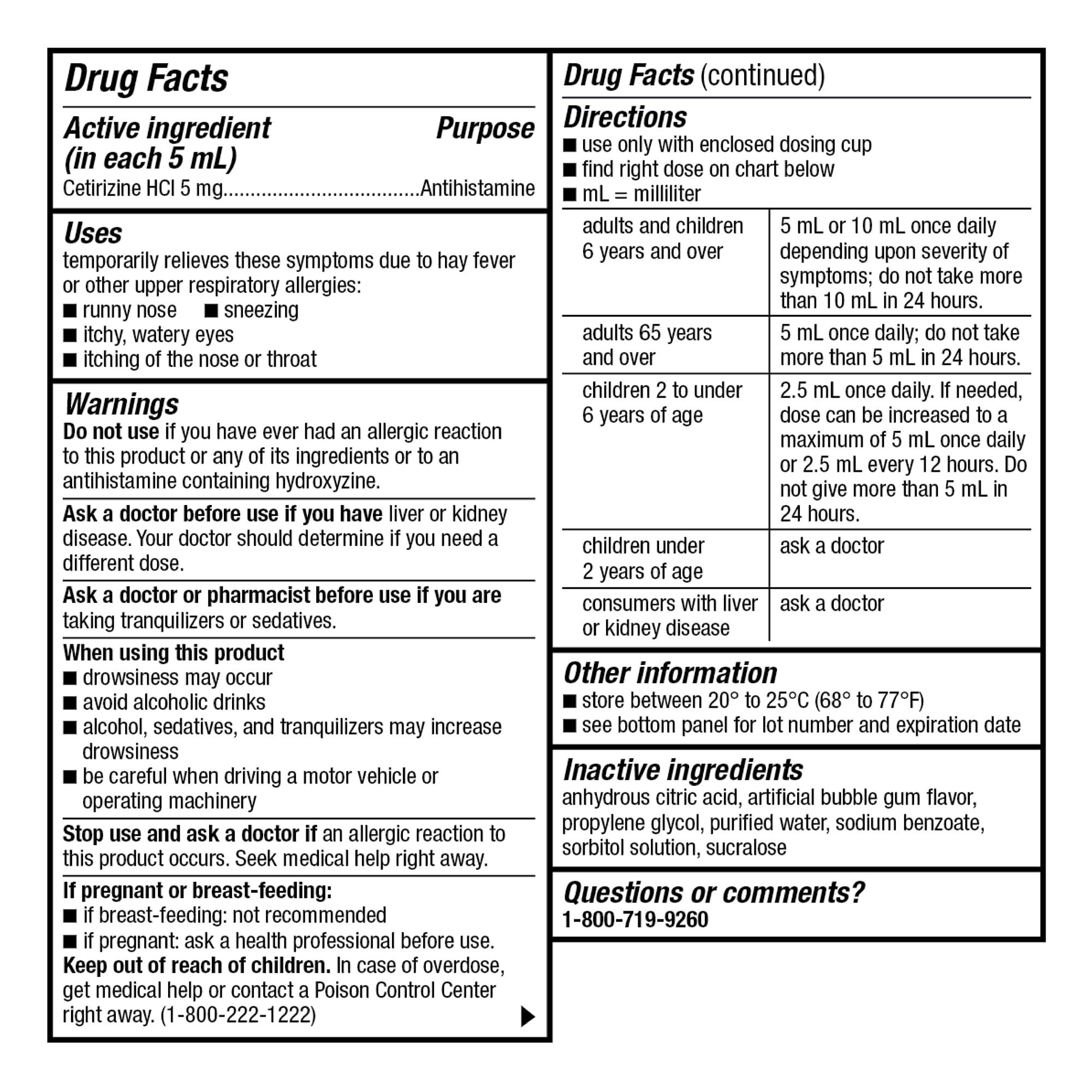 GoodSense Childrens All Day Allergy Relief, Cetirizine Hydrochloride Oral Solution 1 mg/mL, Bubble Gum Flavor, Dye Free, Sugar