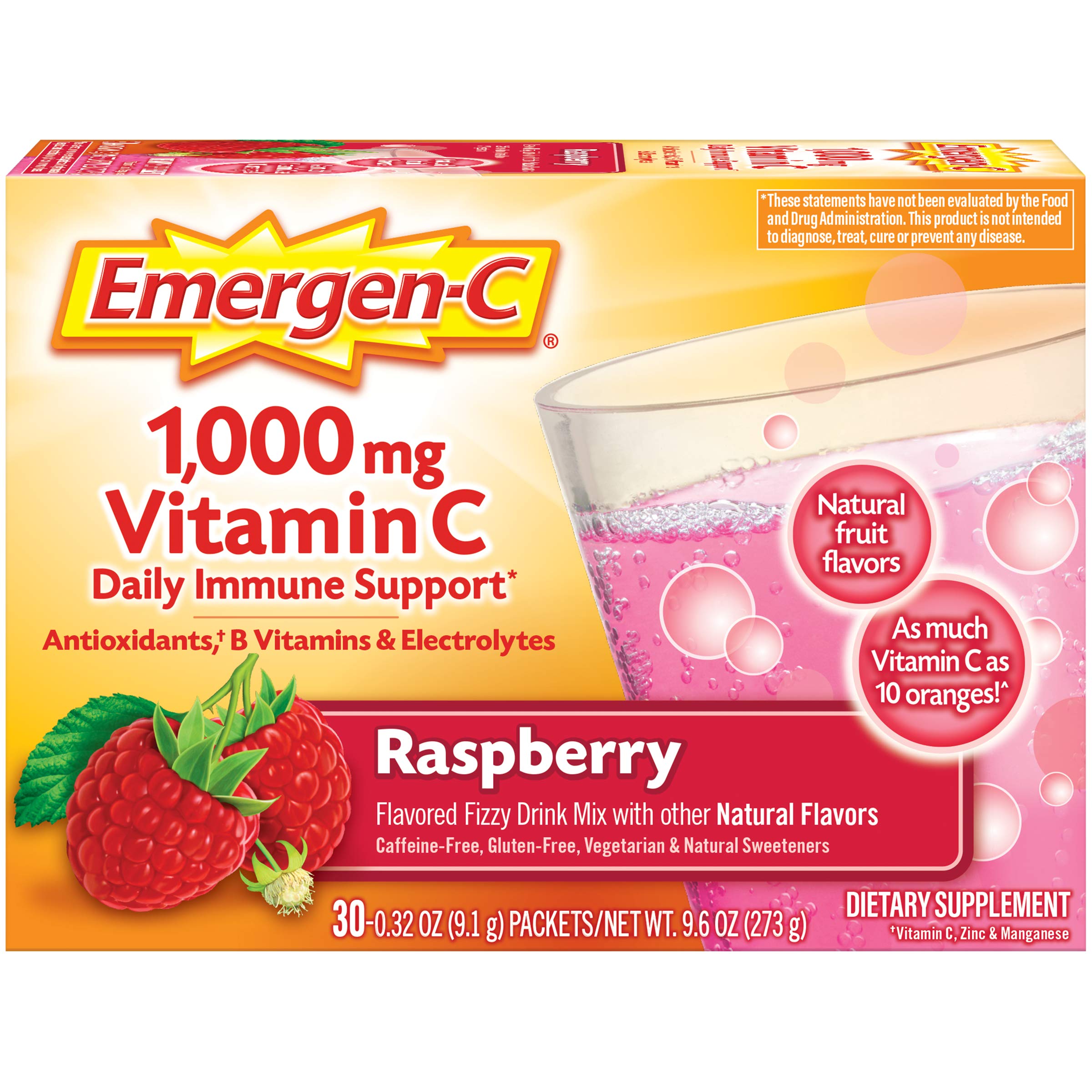 Emergen-C 1000mg Vitamin C Immune Support Powder Raspberry 30CT includes Zinc, Manganese, 7 B Vitamins and Electrolytes for Back