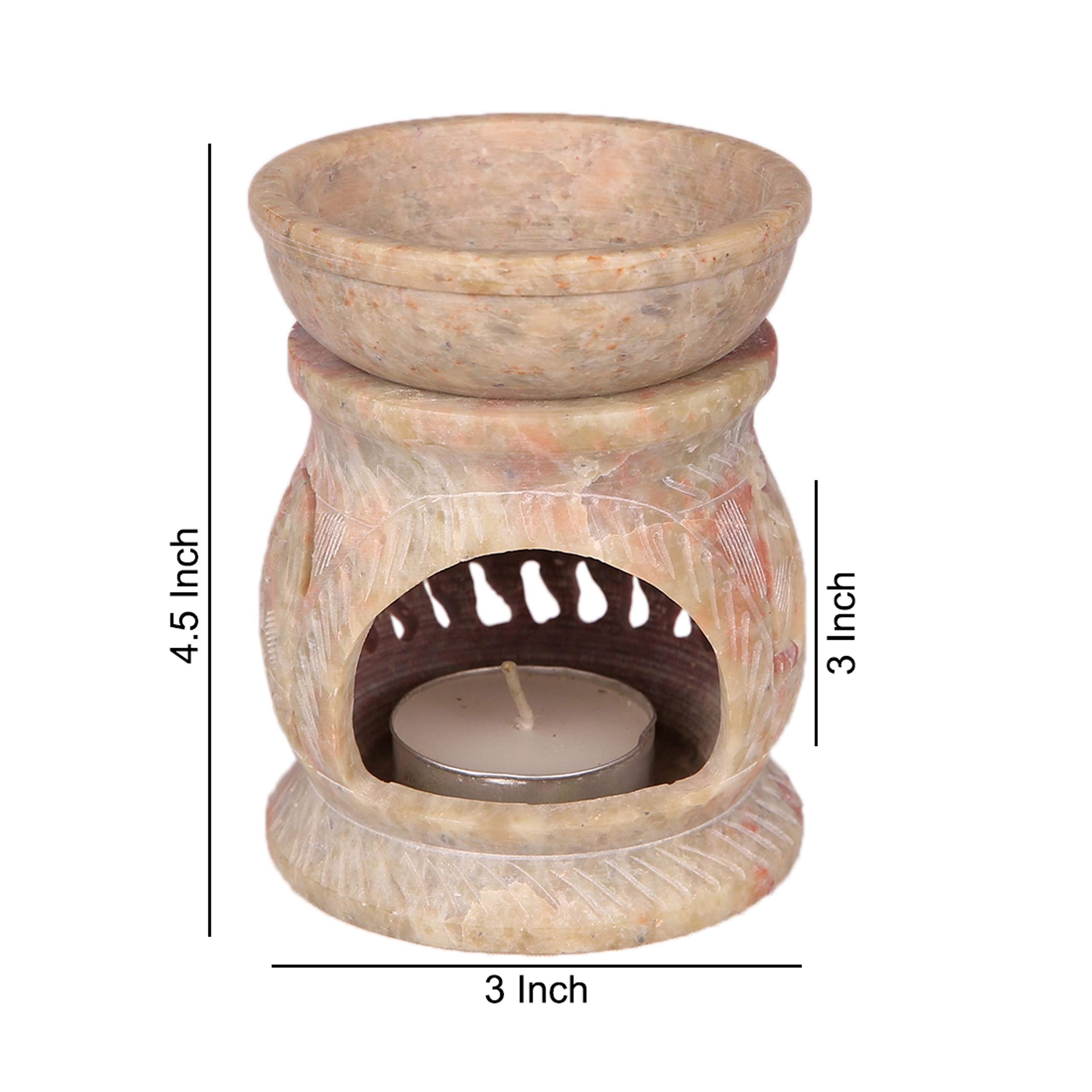 KC Kullicraft Handcrafted Soapstone Aroma Oil Diffuser Burner Stands with 2 Tea Light Candle and 2.5 ml Mogra Oil (Beige)
