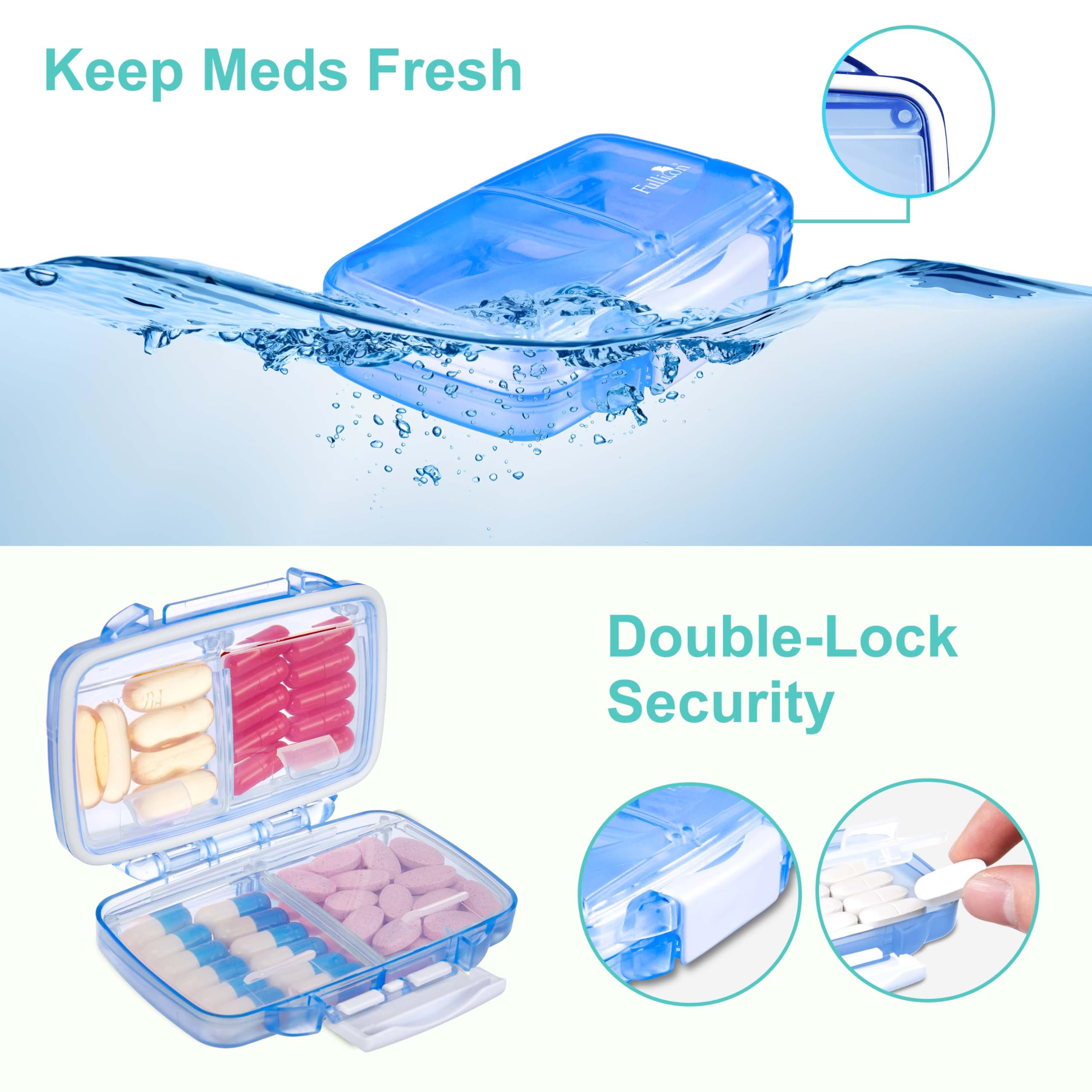 Fullicon Travel Pill Organizer, 4 Compartments Portable Pill Case, Moisture Proof Small Pill Box with Labels, Travel Pill Case w