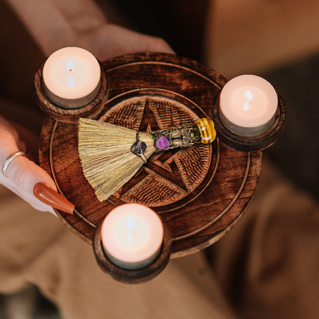 Witch Cinnamon Broom Tiger's Eye Magic Broom - Natural Healing Crystal Witch Broom for Reiki Cleansing Handmade Home & Office De