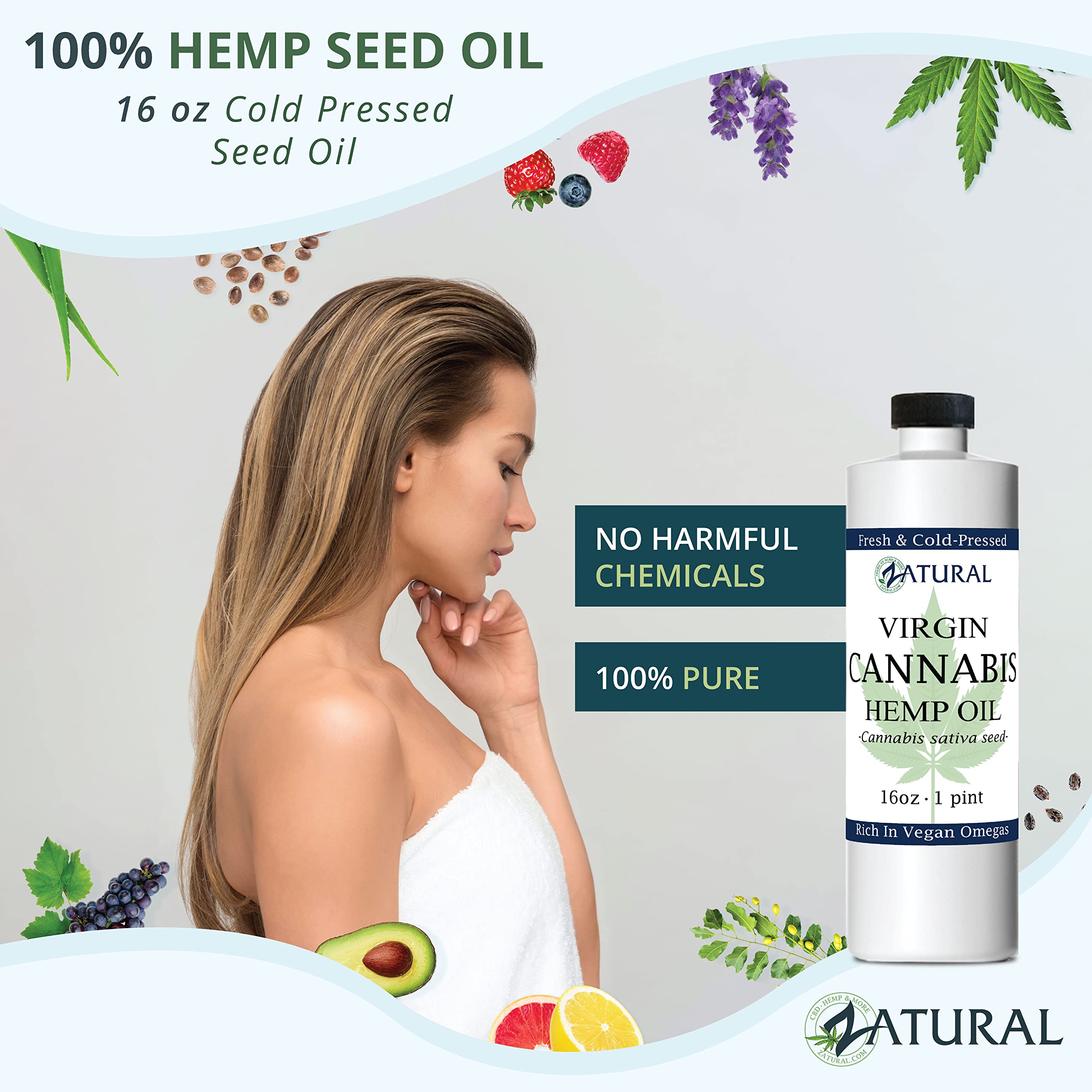 Zatural Hemp Oil Naturally Grown 455,000mg 100% Pure Cold Pressed High Vegan Omegas 3 & 6 No Fillers or Additives Therapeutic Gr