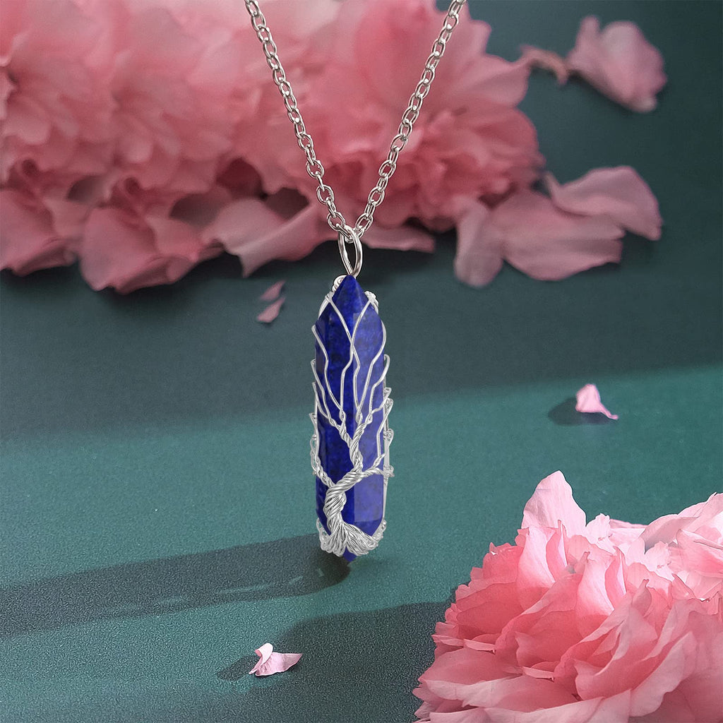 VIBILIA Healing Crystal Necklace Tree of Life Wire Wrapped Lapis Lazuli Stone Point Pendant Necklace Hexagonal Reiki Spiritual Q