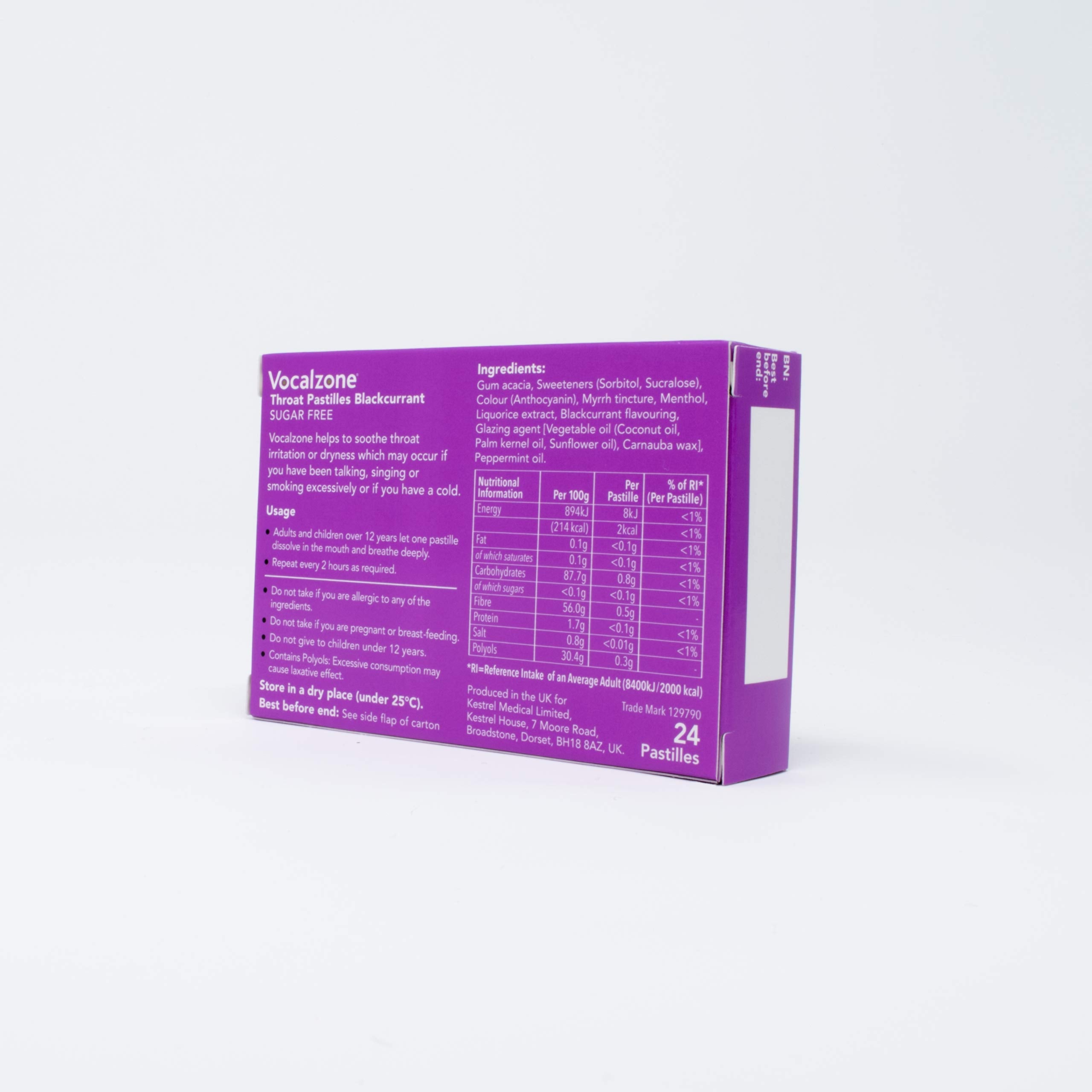 Vocalzone Throat Pastilles Blackcurrant Sugar Free 3 Packs 24- for Sore Throats and Hoarseness When Overusing Your Voice. Produc