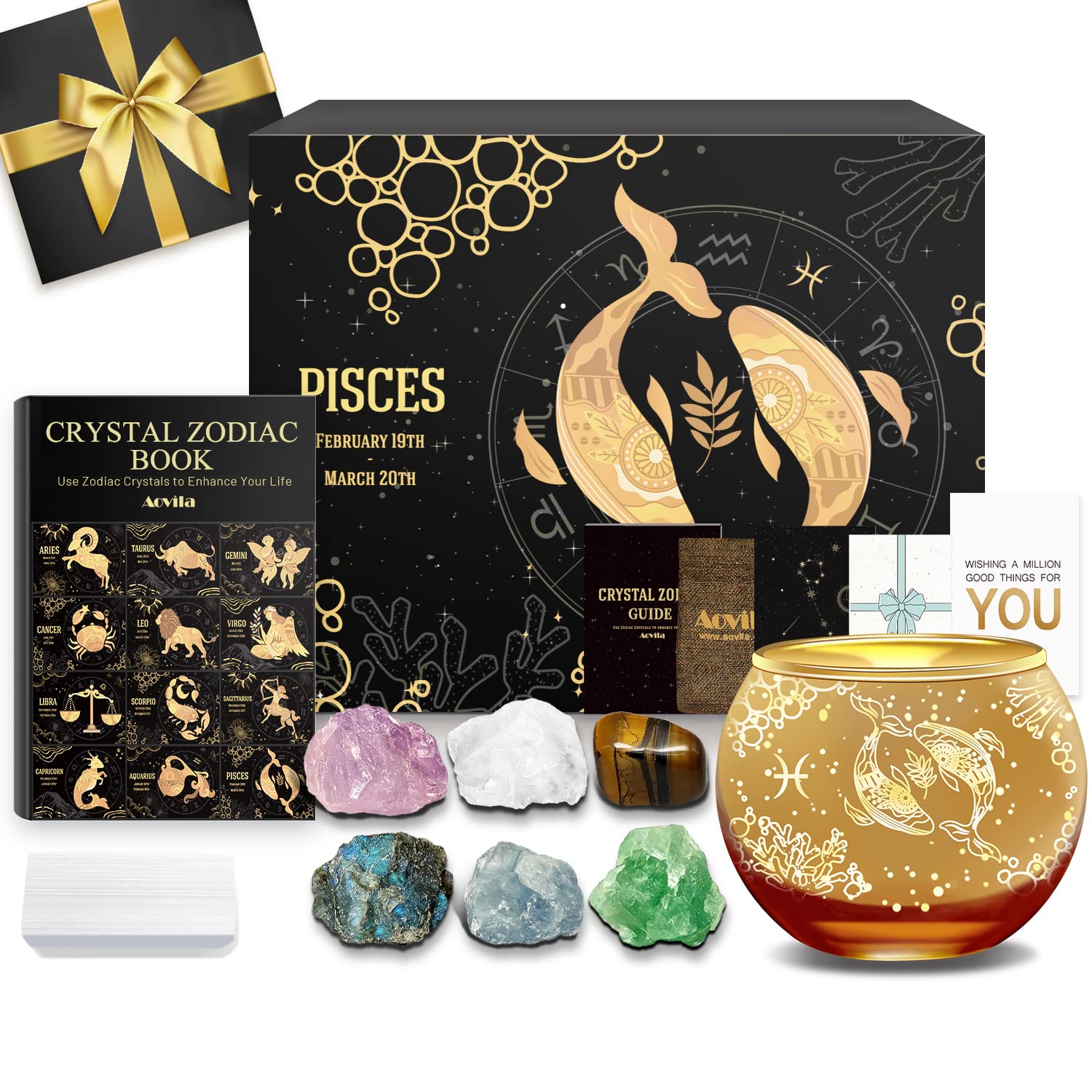 Aovila Pisces Birthday Gifts for Women - Pisces Candle Holder Crystals Birthstones Gifts Box Set - Zodiac Gifts Astrology Horosc