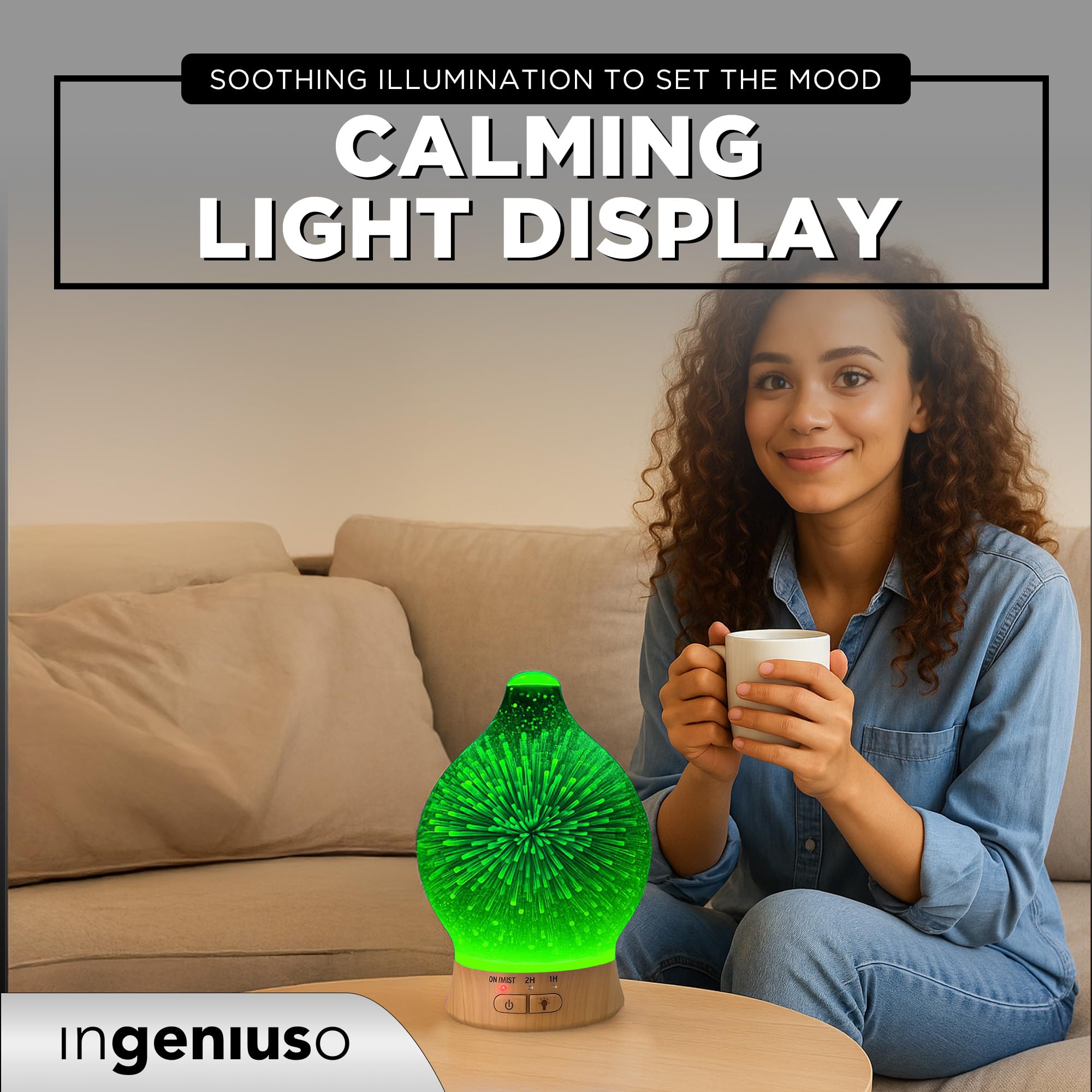 Aromatherapy Essential Oil Diffuser for Therapeutic Oils, w/ 3D Glass Vase | Cool Mist Difusor for Bedroom | LED Color Light Dis