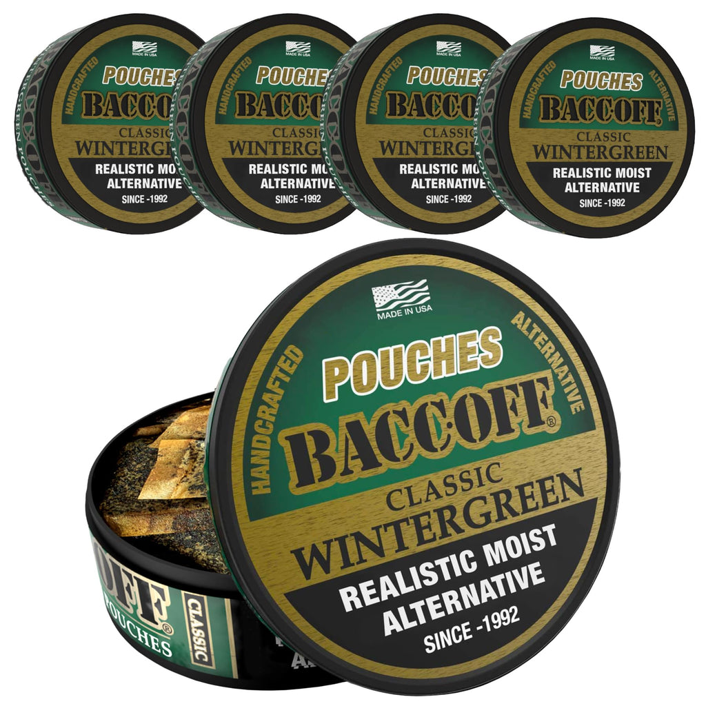 5 Cans, BaccOff Wintergreen Pouches | No Tobacco Dip, No Nicotine, Smokeless Alternative Snuff