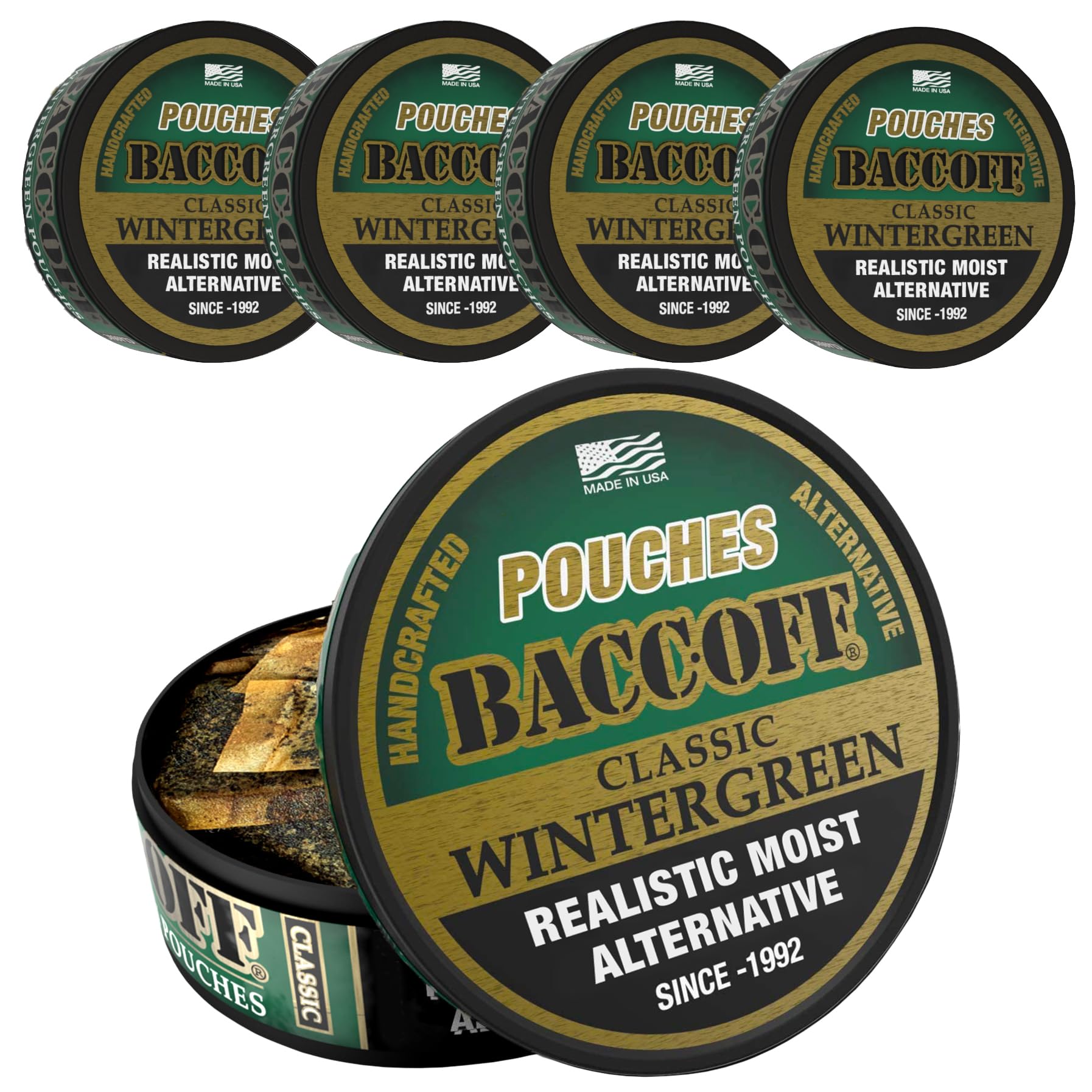 5 Cans, BaccOff Wintergreen Pouches | No Tobacco Dip, No Nicotine, Smokeless Alternative Snuff