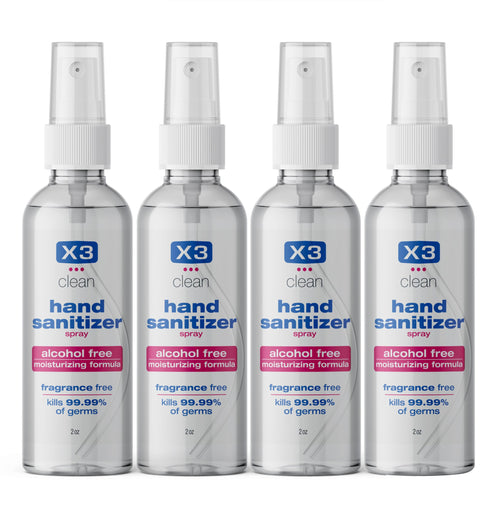 X3 Clean Hand Sanitizer Spray, Alcohol Free, Fragrance Free, Kills 99.9% of Bacteria, Travel Size 2 oz (Pack of 4)