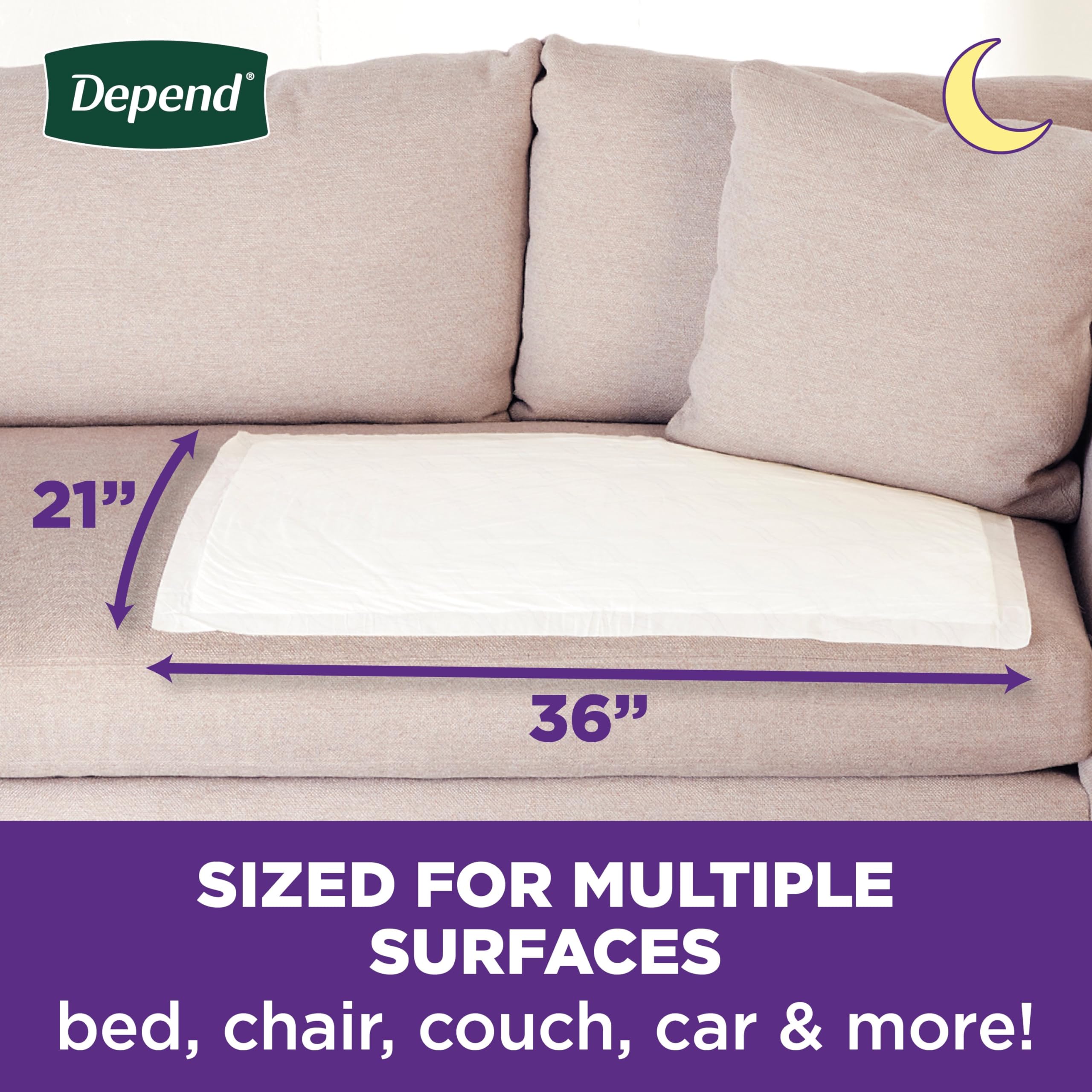 Depend Underpads, Disposable Incontinence Bed Pads for Adults, Slip Resistant, 36x 21, 24 Count (2 Packs of 12) (Packaging May V