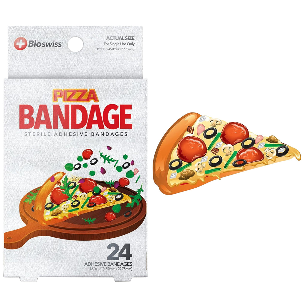 BioSwiss Bandages, Pizza Shaped Self Adhesive Bandages, Latex Free Sterile Wound Care, Fun First Aid Kit Supplies for Kids, 24 C
