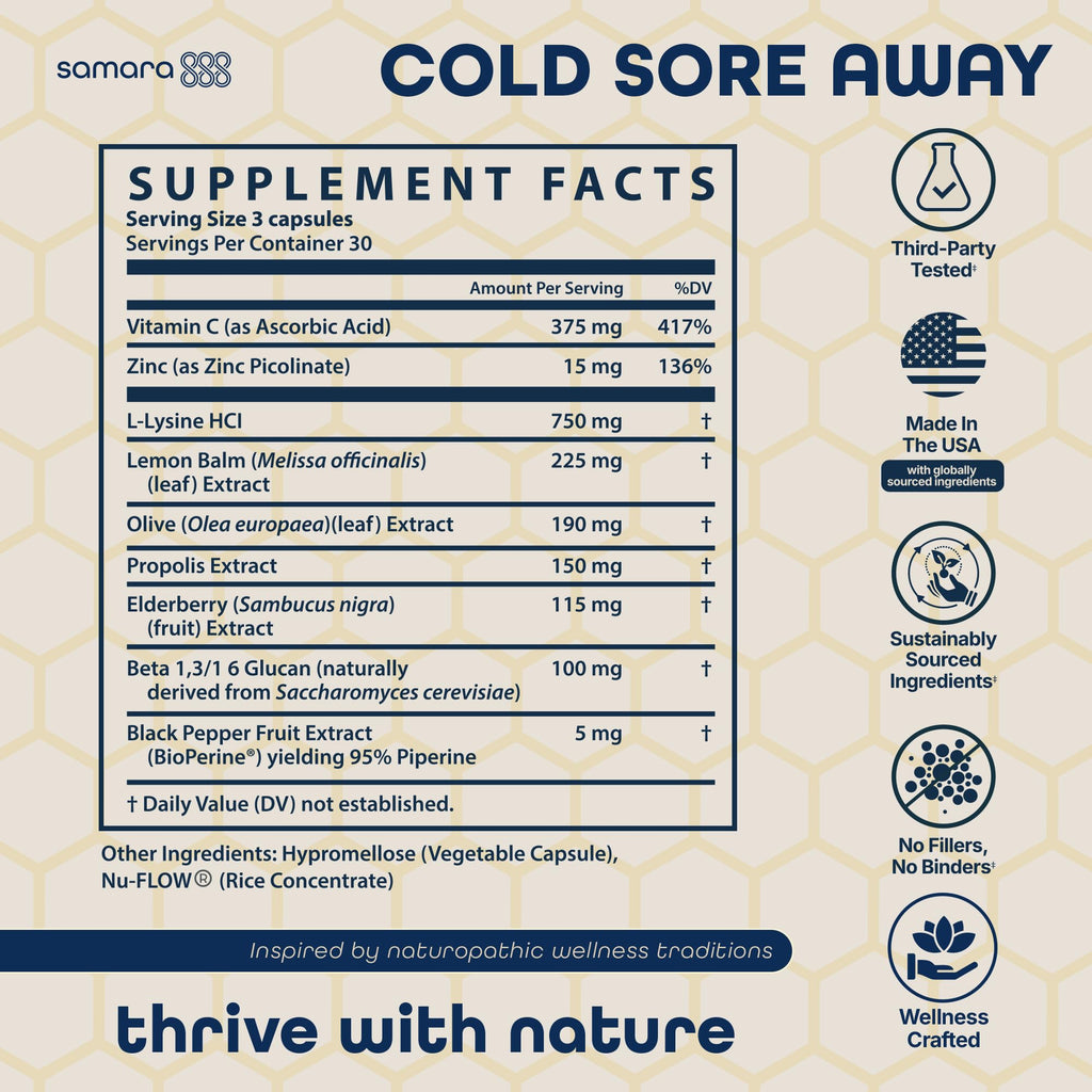 Samara 888 L Lysine Cold Sore Treatment Support, Herbal Cold Sore Supplement w/Zinc Picolinate, Olive Leaf Extract, Beta Glucan,