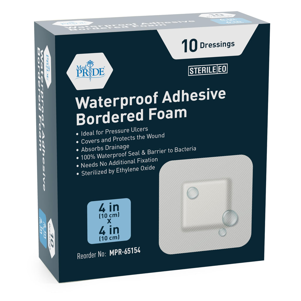 MED PRIDE Waterproof Silicone Bordered Foam Dressing 4x4 Inch with Adhesive Border, Sterile, Pack of 10