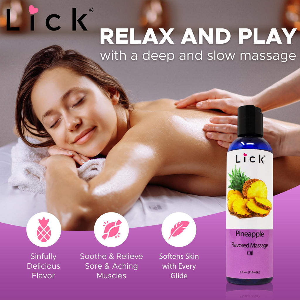 Lick Pineapple Flavored Massage Oil - Romantic, Body Safe, Non-Greasy Formula, Date Night 4 oz