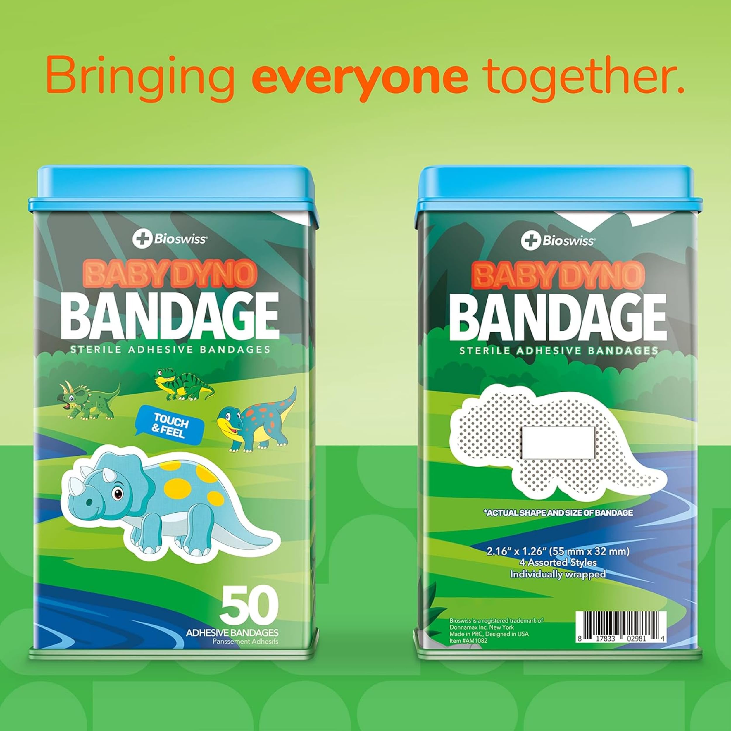 BioSwiss Bandages, Baby Dino Shaped Self Adhesive Bandage, Latex Free Sterile Wound Care, 50 Count