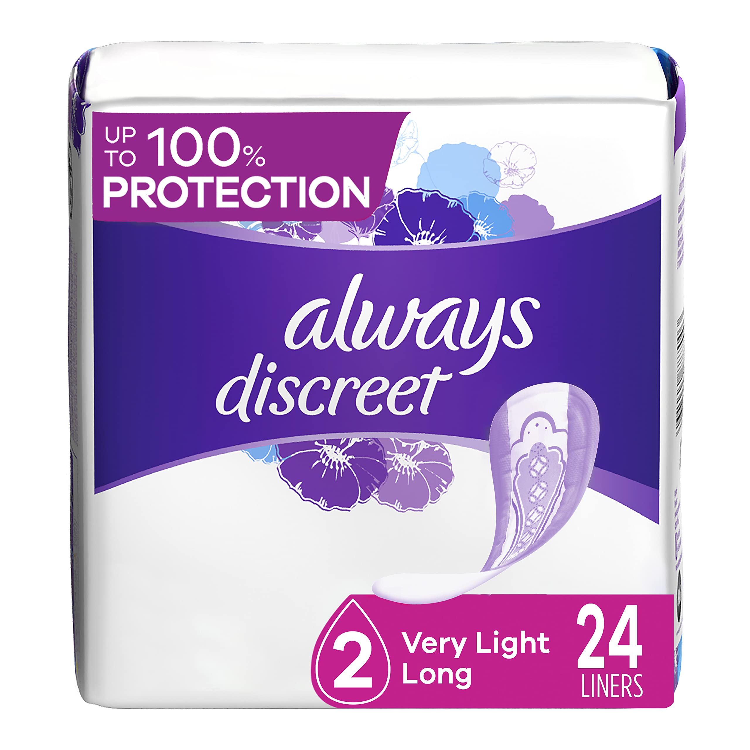 Always Discreet Incontinence Liners, Very Light, Long Length, 24 Count