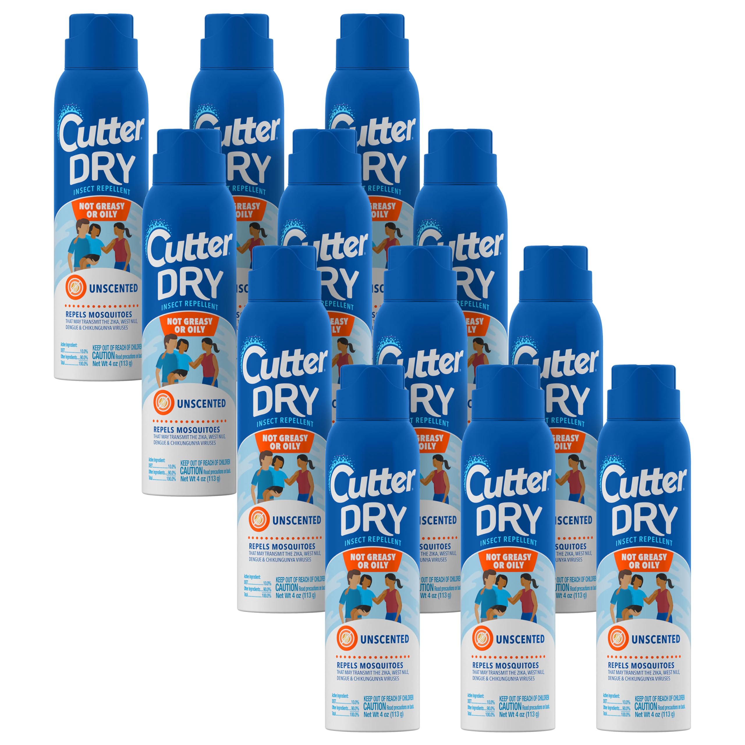 Cutter Dry Insect Repellent, Aerosol, 4-Ounce, 12-Count, Clear