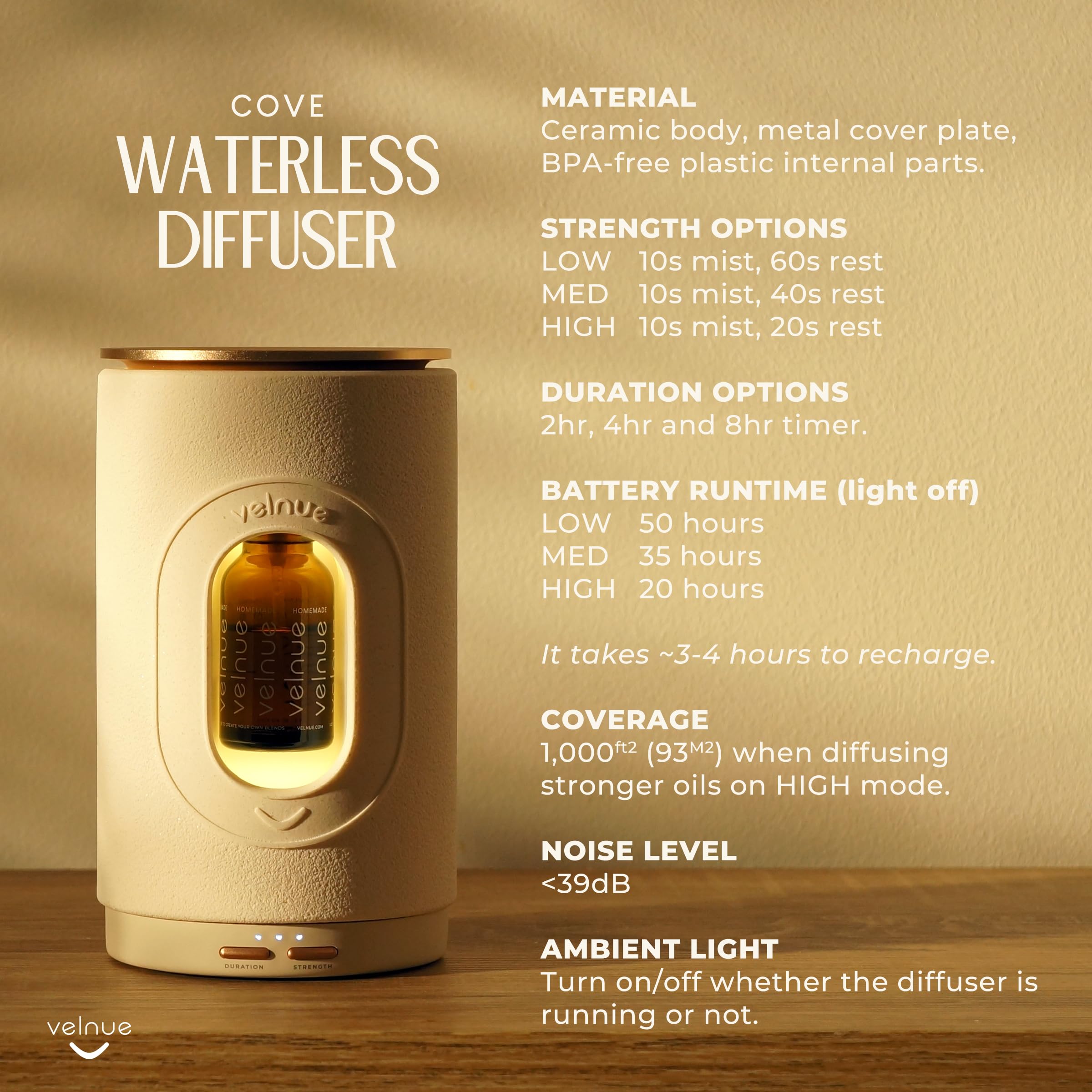 VELNUE Waterless Nebulizing Essential Oil Diffuser - Battery Operated & Portable | Cordless Diffuser for Large Room Aromatherapy