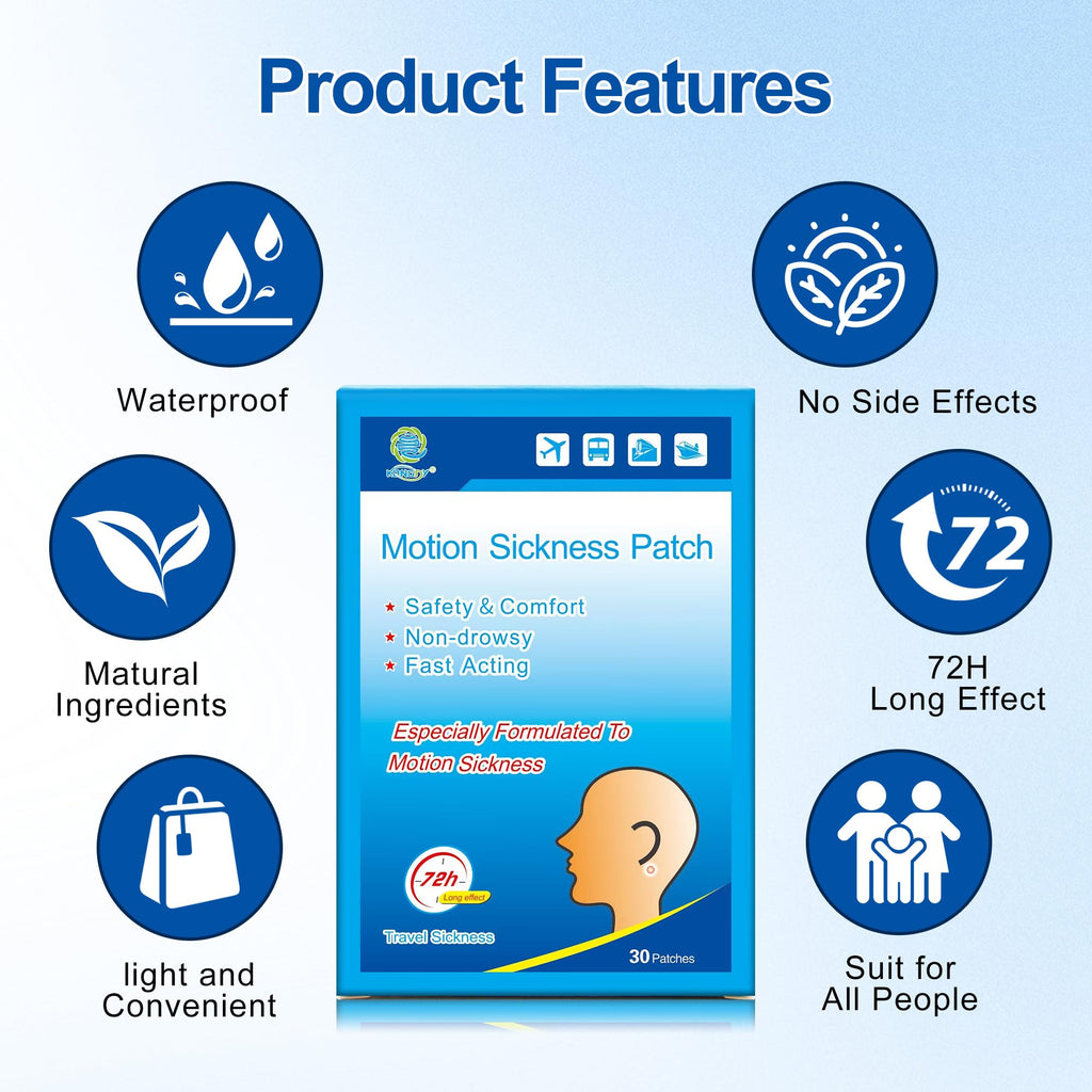 KONGDY 30 Counts Motion Sickness Patches for Boat Rides, Car Trips, Airplane Travel, Cruise Ship and Other Forms of Transport, N