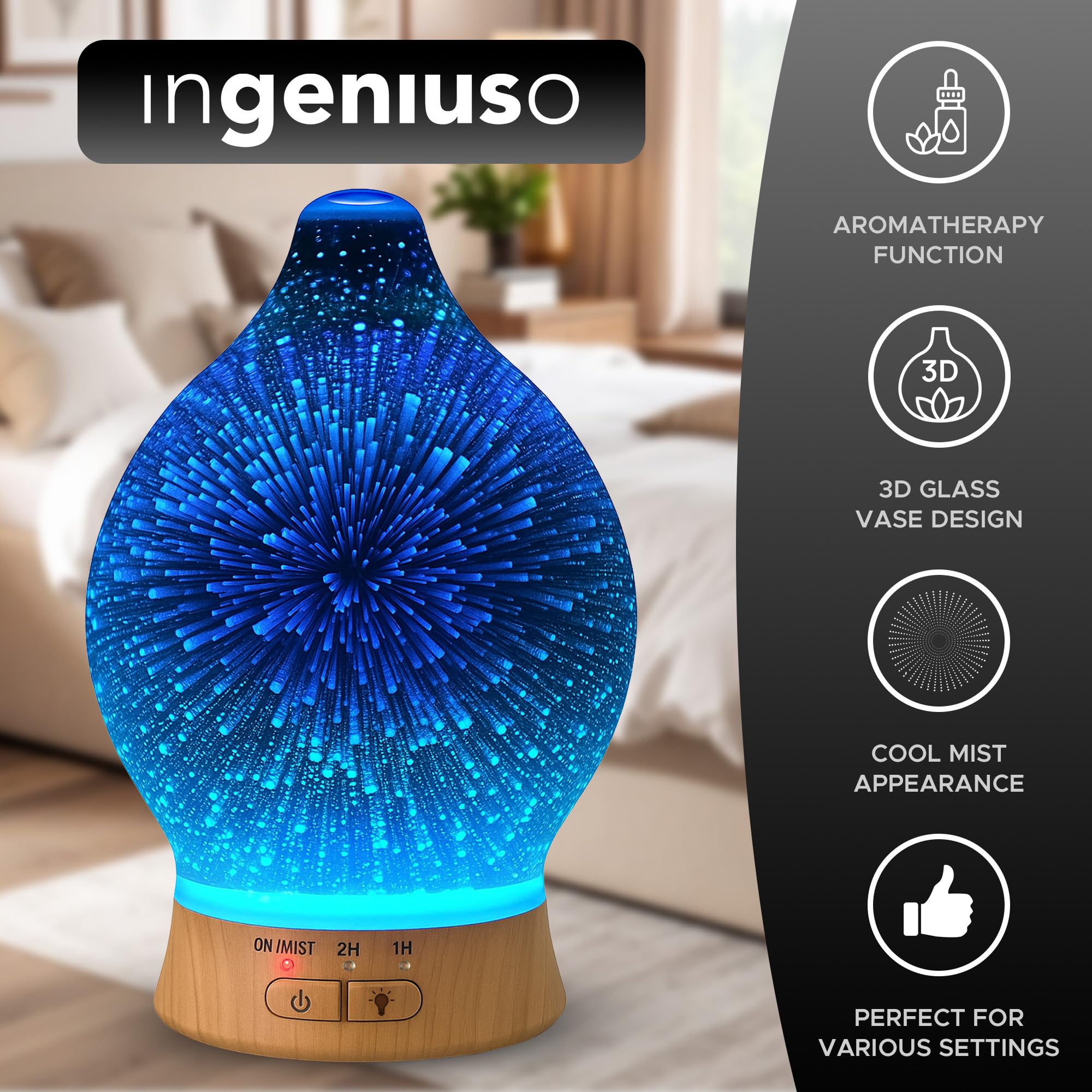 Aromatherapy Essential Oil Diffuser for Therapeutic Oils, w/ 3D Glass Vase | Cool Mist Difusor for Bedroom | LED Color Light Dis