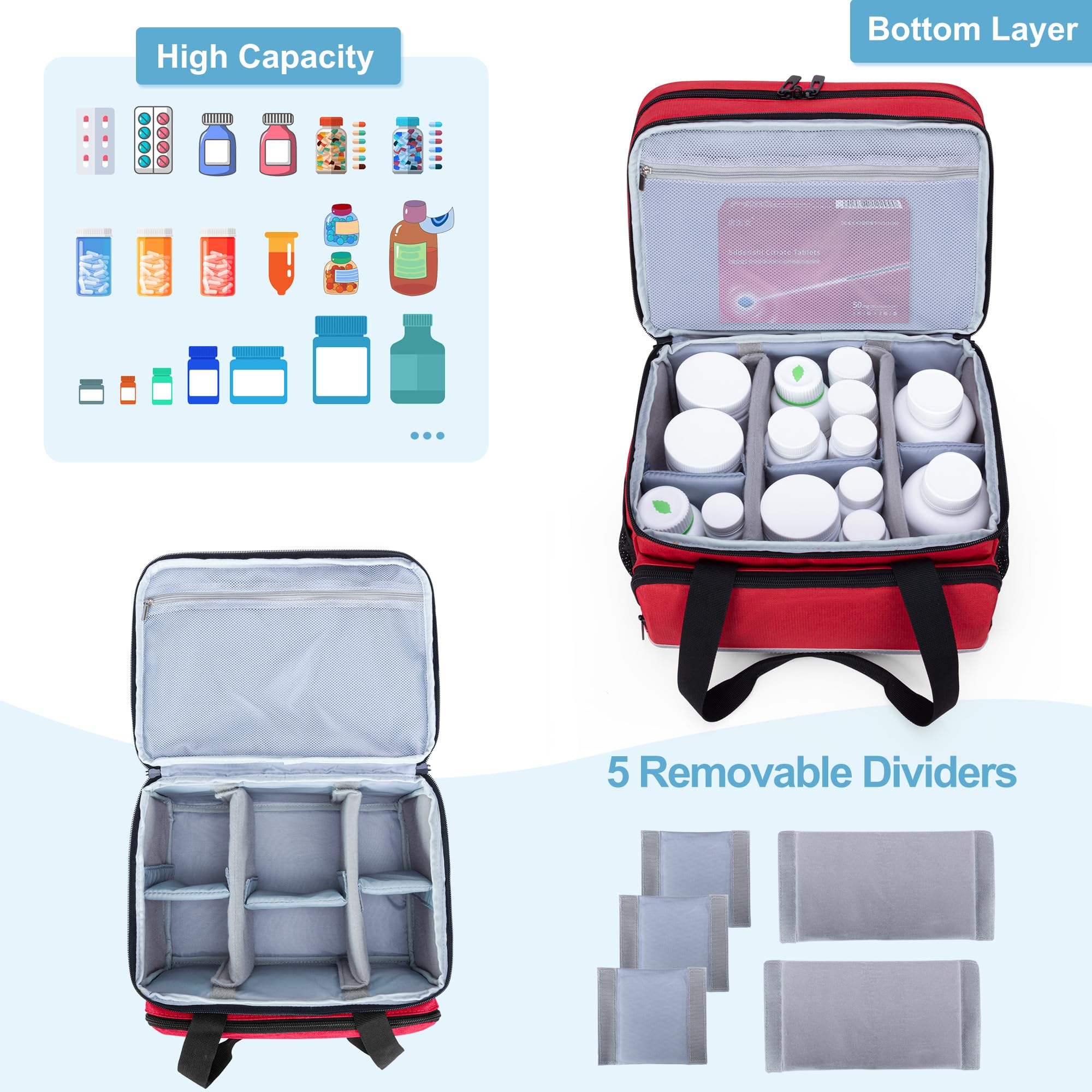 CURMIO Double Layers Pill Bottle Organizer Bag Empty, Medicine Organizer Storage Case with Lockable Zippers, Medication Travel B