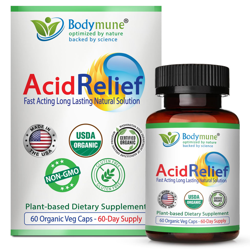 Bodymune AcidRelief Acid Reducer Acid Indigestion Relief Supplement for Occasional Acid Reflux & Antacid, USA-Made USDA Organic 