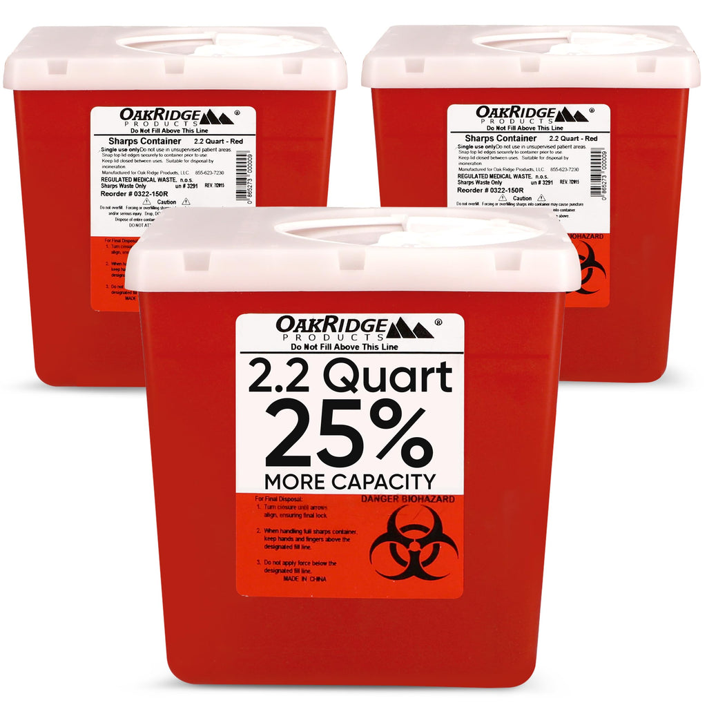Oakridge Products Transparent Sharps Container for Home Use and Professional 2.2 Quart (3-Pack), Touchless Biohazard Needle and 
