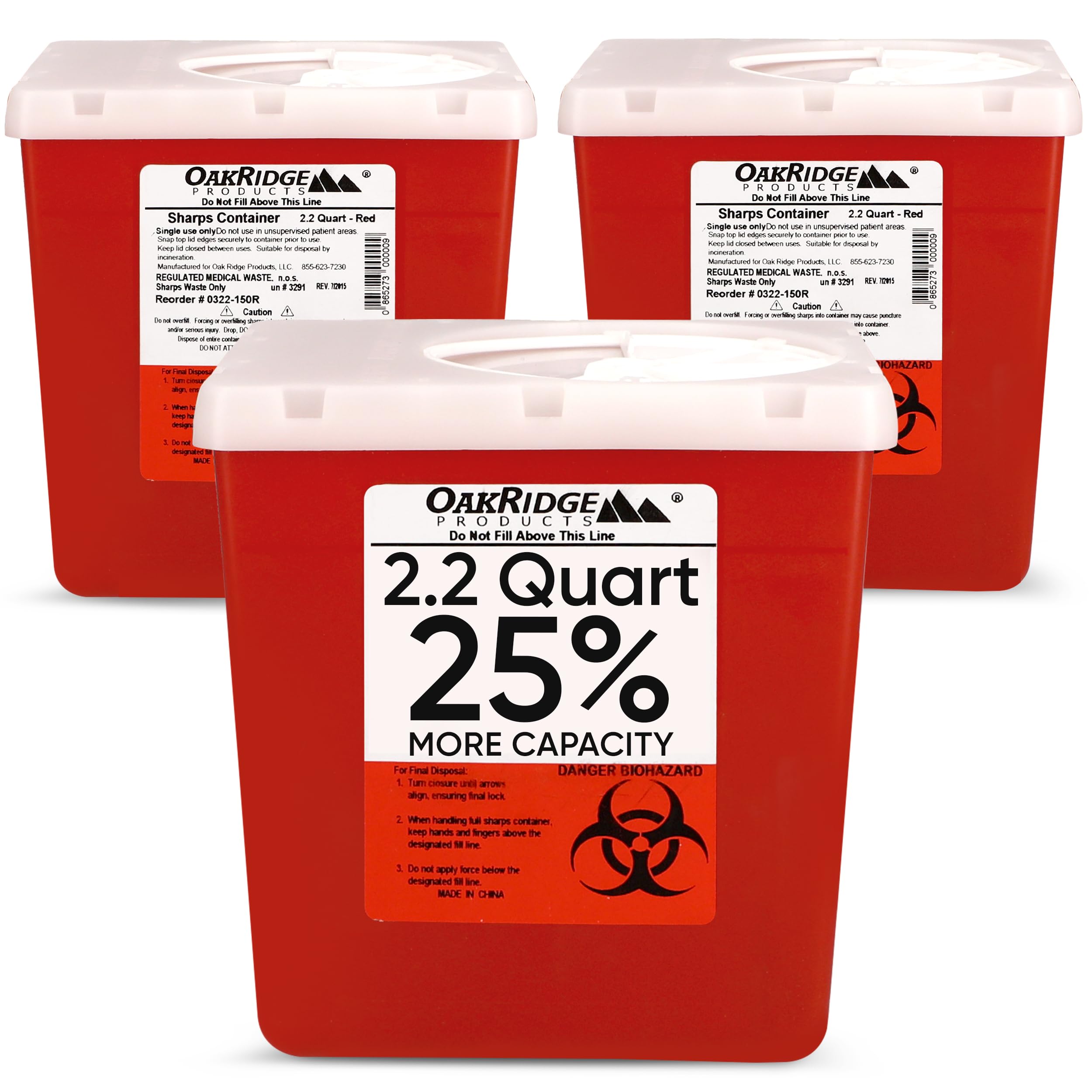Oakridge Products Transparent Sharps Container for Home Use and Professional 2.2 Quart (3-Pack), Touchless Biohazard Needle and 