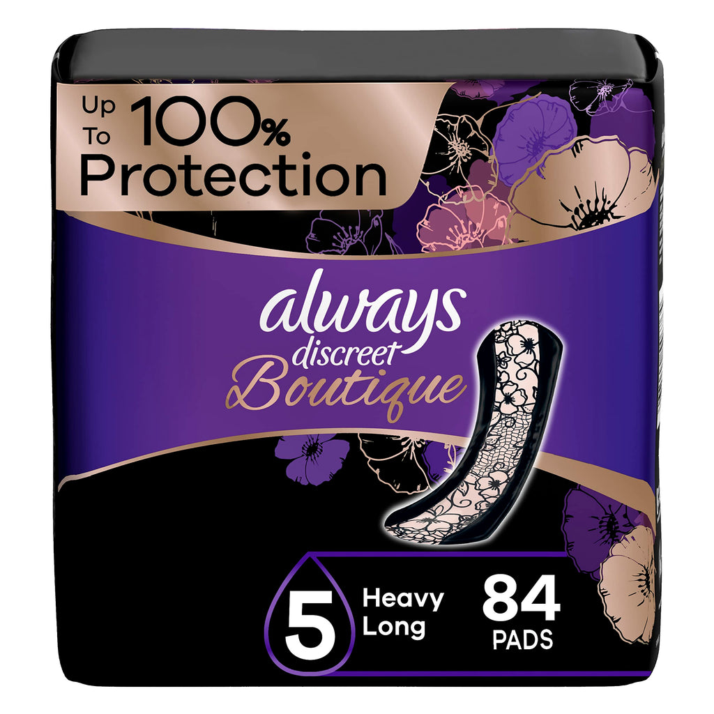 Always Discreet Boutique Adult Incontinence & Postpartum Pads For Women, Size 5, Heavy Absorbency, Regular Length, 28 Count x 3 
