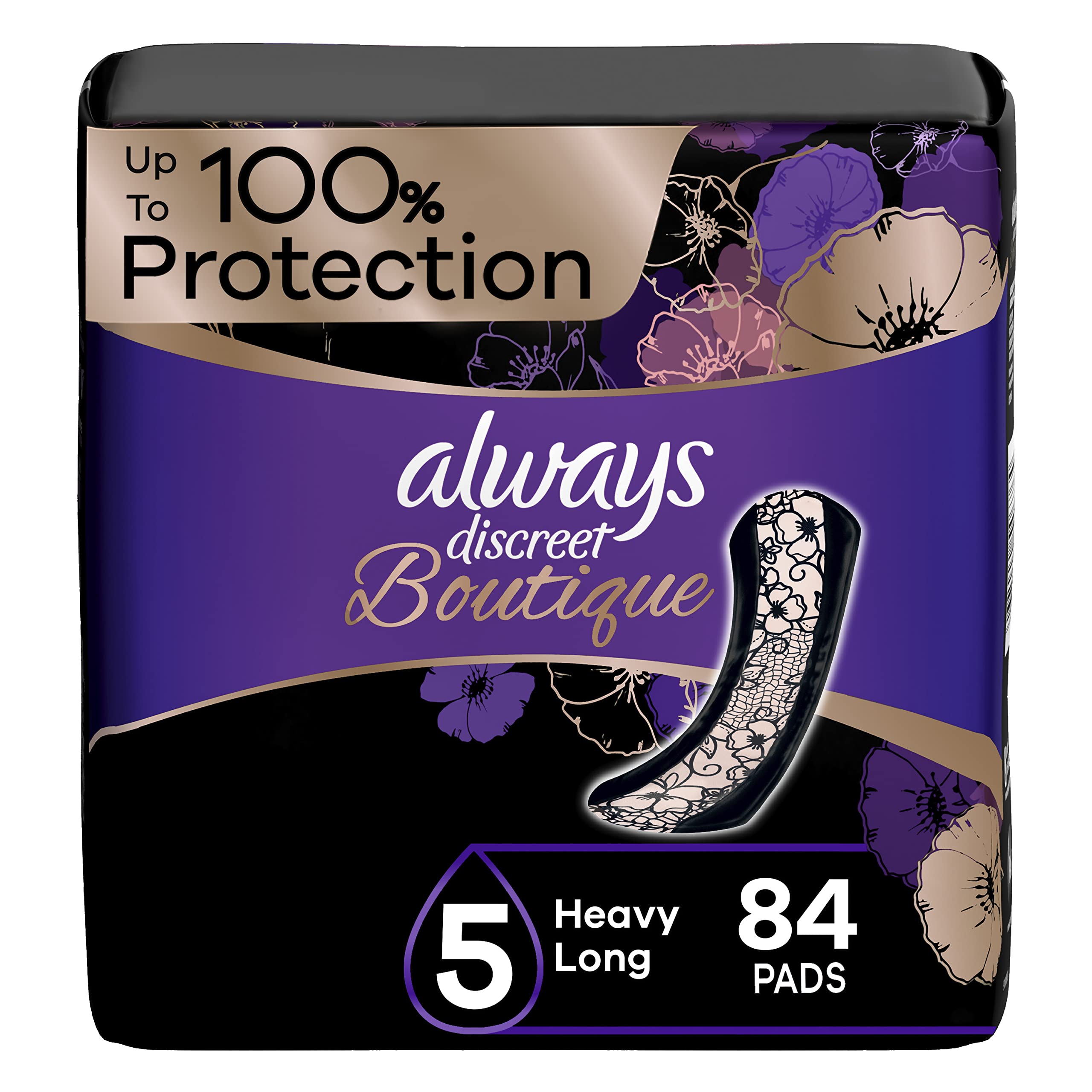 Always Discreet Boutique Adult Incontinence & Postpartum Pads For Women, Size 5, Heavy Absorbency, Regular Length, 28 Count x 3 