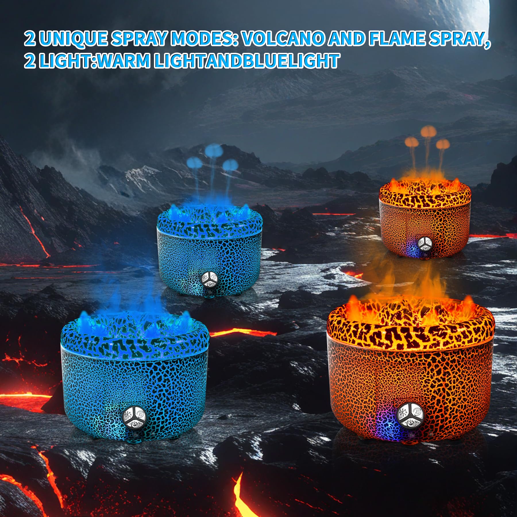BOHOFAM Essential Oil Diffuser 500ML,Volcano and Flame Diffuser/Humidifier 2 Mode,Three Volcanic Vent Diffusers for Home,Include